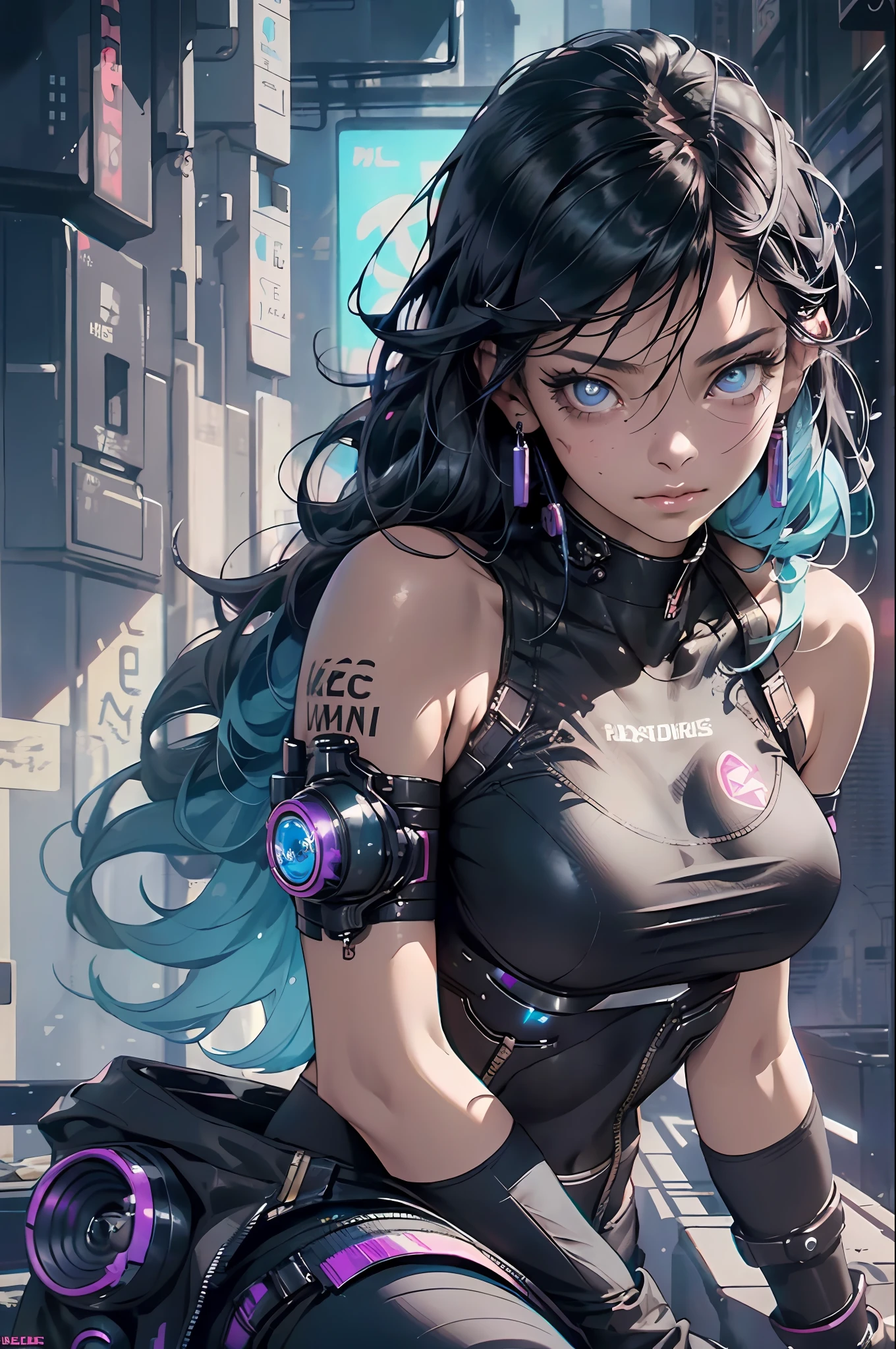 (cyberpunk:1.3) , Stylish woman looking at camera, black pants, black t-shirt, melancholic lighting, quiet, calm, brightness, masterpiece, best quality, 1girl, (JinxLol:1.2), (ultra photorealistic:1.3), (masterpiece:1.4), best quality, ((realistic)), high quality, ultra detailed, ((real image)), ((realistic skin)), ((realistic face)),(illustration:1.05), (beautiful:1.05), (beautiful detailed eyes:1.05), (cinematic light:1.1), blue on the detachments,  perfect whole body, slender silhouette, slim, small breasts, thick thighs, black and blue clothing, white sneakers