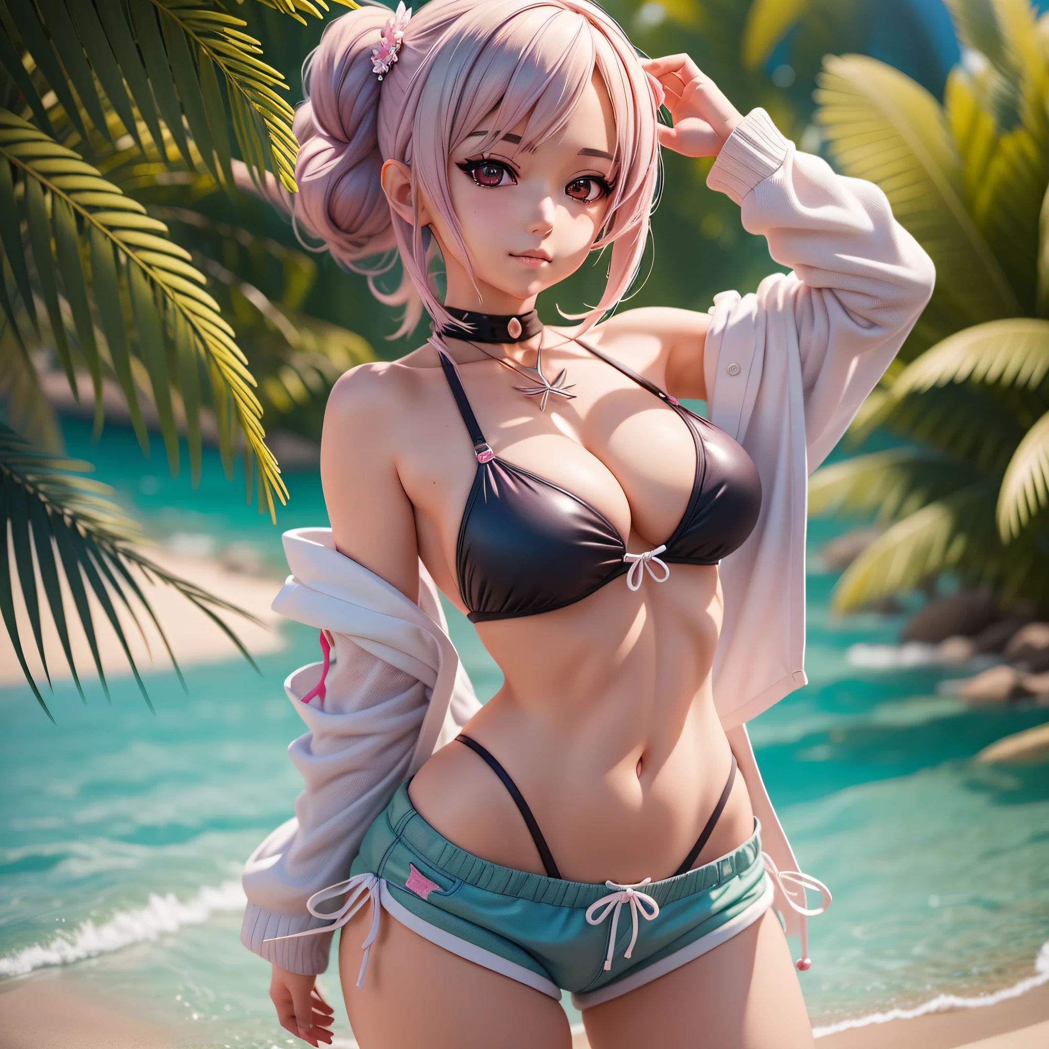 a woman in a bikini top and shorts posing for a picture, seductive anime girl, attractive anime girl, beautiful alluring anime woman, anime girl, beautiful anime girl, anime woman, beautiful anime woman, anime goddess, haruno sakura, an anime girl, (anime girl), anime waifu, anime girl in real life, detailed digital anime art, female anime character