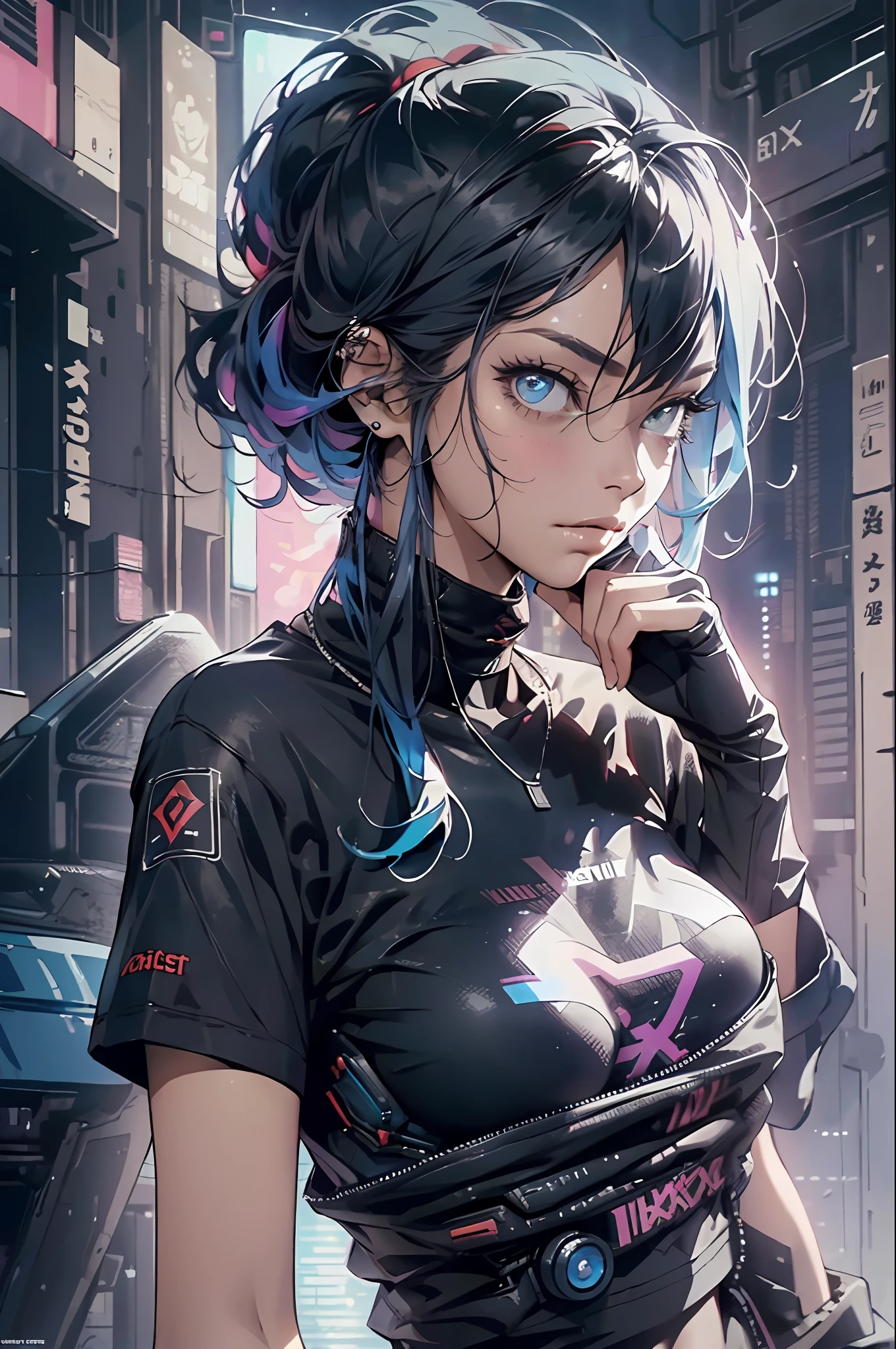 (cyberpunk:1.3) , Stylish woman looking at camera, black pants, black t-shirt, melancholic lighting, quiet, calm, brightness, masterpiece, best quality, 1girl, (JinxLol:1.2), (ultra photorealistic:1.3), (masterpiece:1.4), best quality, ((realistic)), high quality, ultra detailed, ((real image)), ((realistic skin)), ((realistic face)),(illustration:1.05), (beautiful:1.05), (beautiful detailed eyes:1.05), (cinematic light:1.1), blue on the detachments,  perfect whole body, slender silhouette, slim, small breasts, thick thighs, black and blue clothing, white sneakers