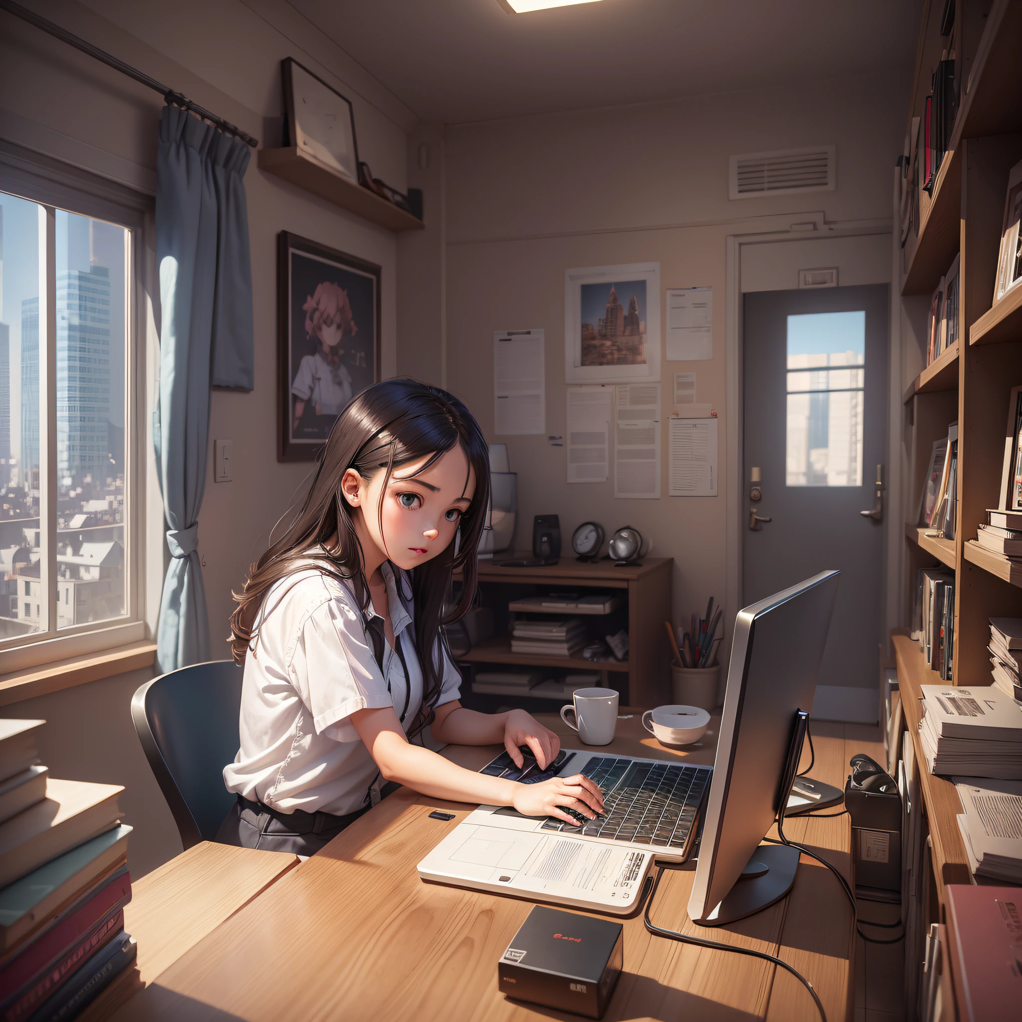 a girl working on a computer in a small room with a large window, exterior interior, city style interiors, anime, sharp focus, digital art, --auto --s2