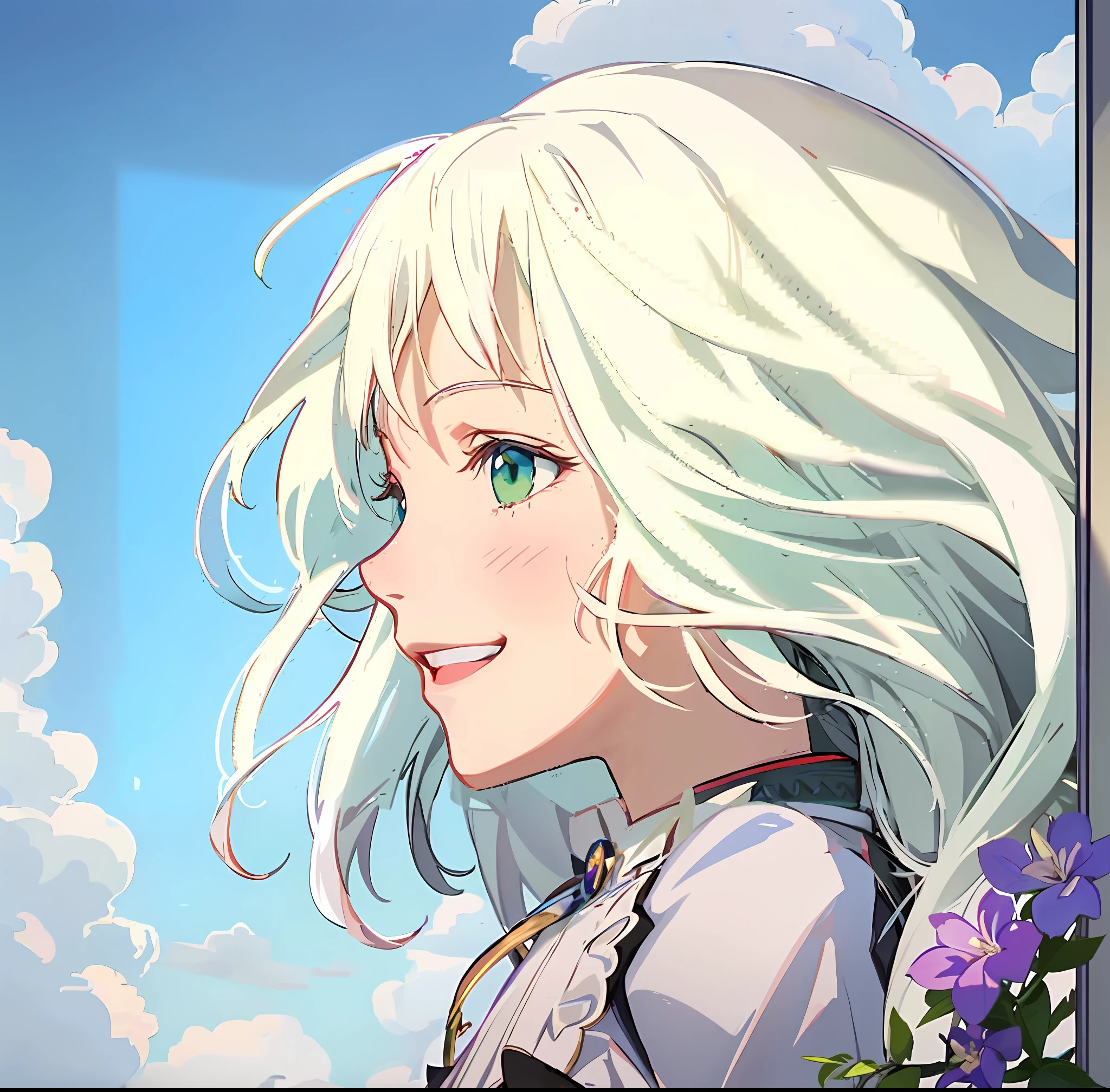 anime girl with long white hair and green eyes looking at the sky, violet evergarden, perfect white hair girl, white hair, white hair girl, white hair lady, white hair god, white hair, anime girl profile, ciri, anime visual cute girl, [[[grin]]]]