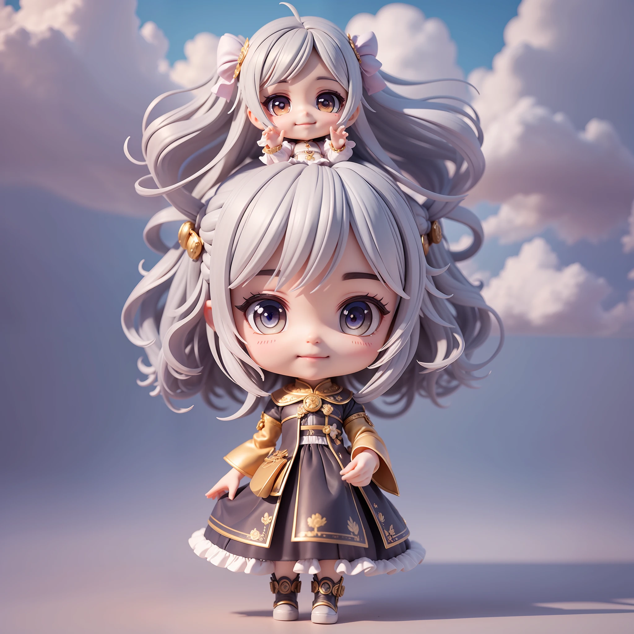 Masterpiece, Best Quality, Lots of Detail, (Full Body:1.2), Chibi, Cloud Girl, Clouds, Sky, Rainbow, Gray Hair, Magician Long Dress, Lively, Detail Hands, Five Fingers, Big Eyes, Smile, 3D Rendering, Q Print Style