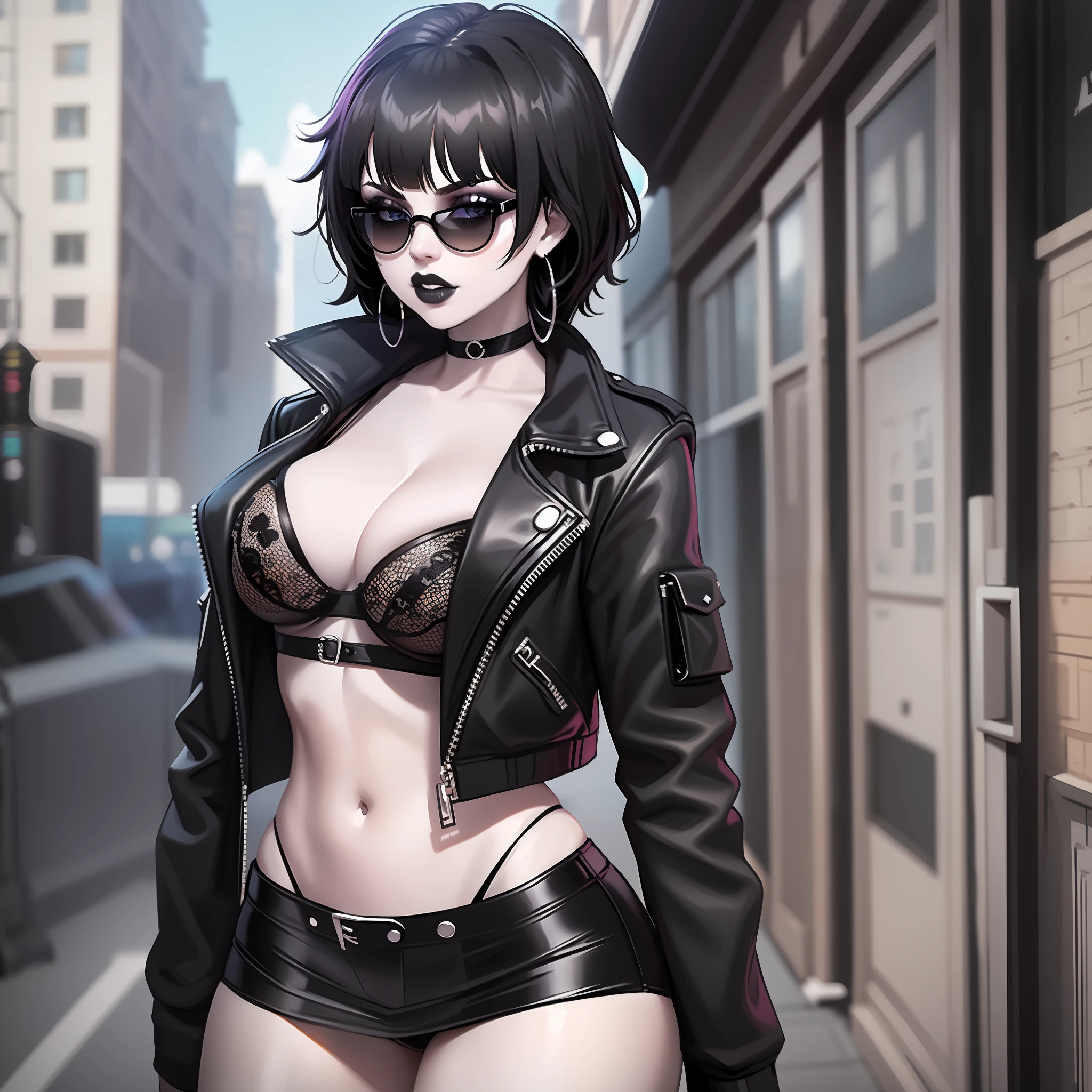 Goth girl, short messy black hair with messy  bangs, white pale skin, black make-up, round sunglasses, earrings, , bra, tank top, skinny figure, waist, thighs, sling , black tight skirt, black leather jacket, belt on jeans, boots, view ,