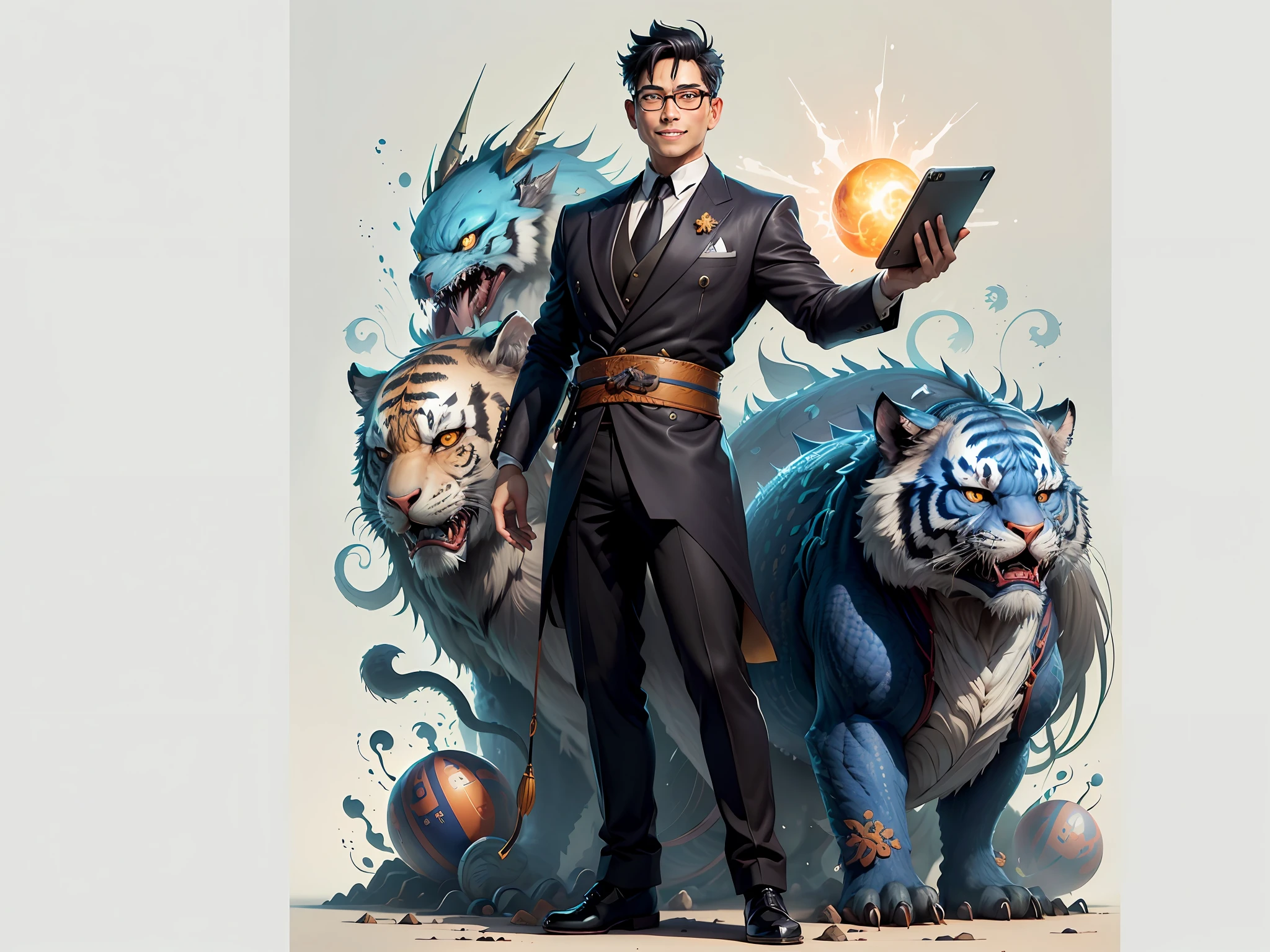 (Masterpiece), (Excellent), (Super Meticulous), (Full Body: 1.2), Super Young Woman, Japanese Geisha, Beauty, Chinese Dragon, Tiger, Wind God Thor, Sexy, Bursting, Oriental Face, TV Anchor, Bust Portrait Illustration, Alone, Black Suit, Blue Tie, Slightly Chubby, Very Clean Face, Silver Glasses, Black Super Short Hair, Black Eyes, Confident Smile, 3c Computer Sub-Products, iPad, iPhone, Digital Painting, 3D character design by Mark Clairedon and Pixar and Hayao Miyazaki and Akira Toriyama, the illustrations are HD illustrations in 4K resolution with highly detailed facial features and cartoon-style visuals.