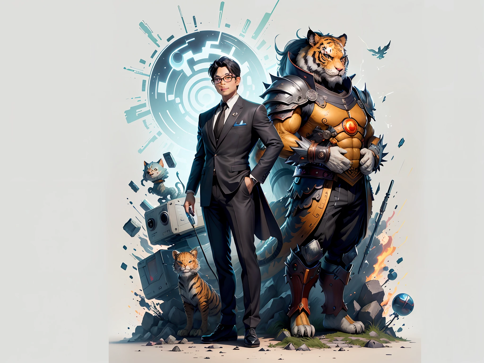 (Masterpiece), (Excellent), (Super Meticulous), (Full Body: 1.2), Super Young Woman, Japanese Geisha, Beauty, Chinese Dragon, Tiger, Wind God Thor, Sexy, Bursting, Oriental Face, TV Anchor, Bust Portrait Illustration, Alone, Black Suit, Blue Tie, Slightly Chubby, Very Clean Face, Silver Glasses, Black Super Short Hair, Black Eyes, Confident Smile, 3c Computer Sub-Products, iPad, iPhone, Digital Painting, 3D character design by Mark Clairedon and Pixar and Hayao Miyazaki and Akira Toriyama, the illustrations are HD illustrations in 4K resolution with highly detailed facial features and cartoon-style visuals.