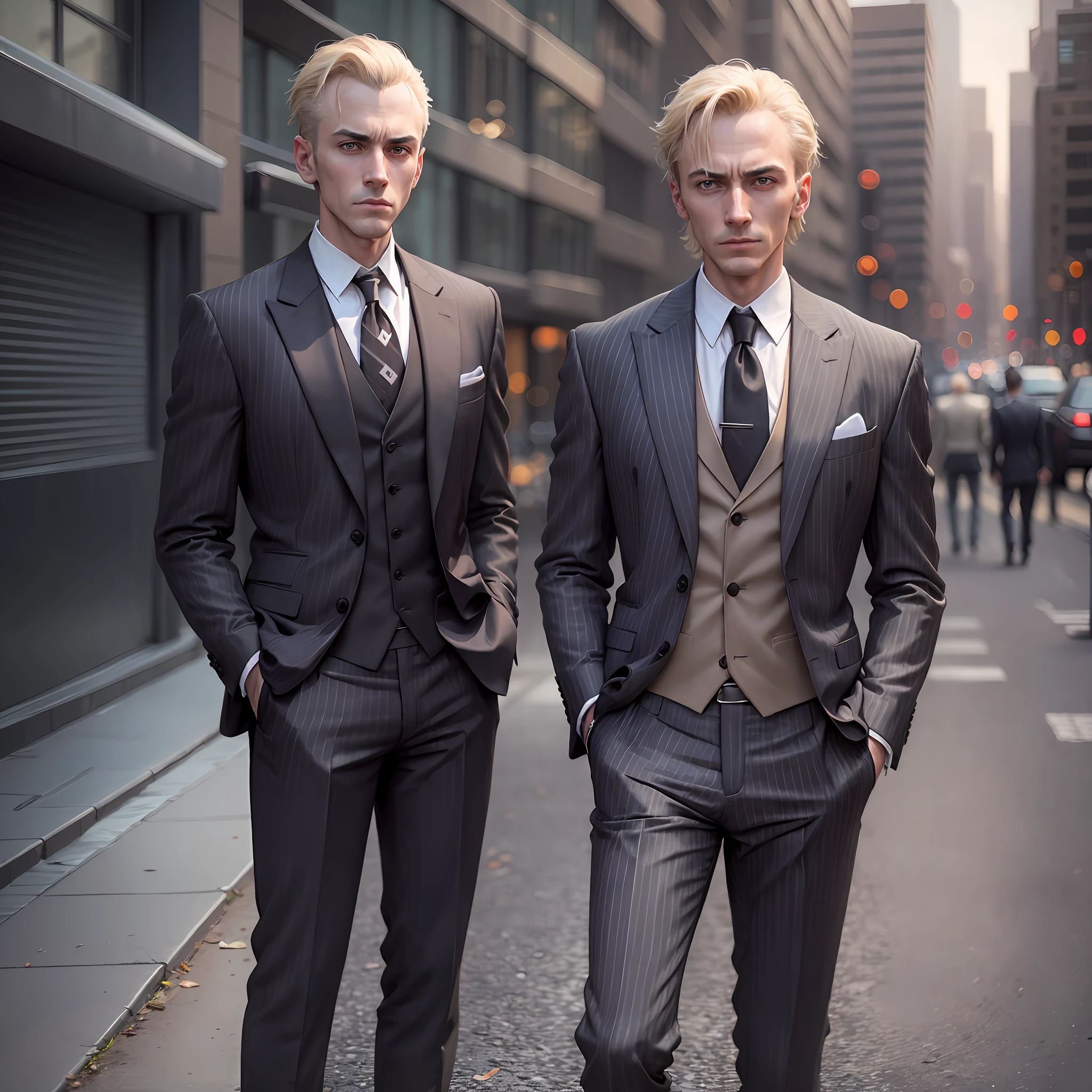 arafed man in a suit and tie standing in a park, wearing a worn out brown suit, wearing a pinstripe suit, in his suit, wearing a worn out suit, similar to malfoy, he is wearing a suit, neo noir style, in a suit, neo - noir style, pinstripe suit, in a strict suit --auto --s2