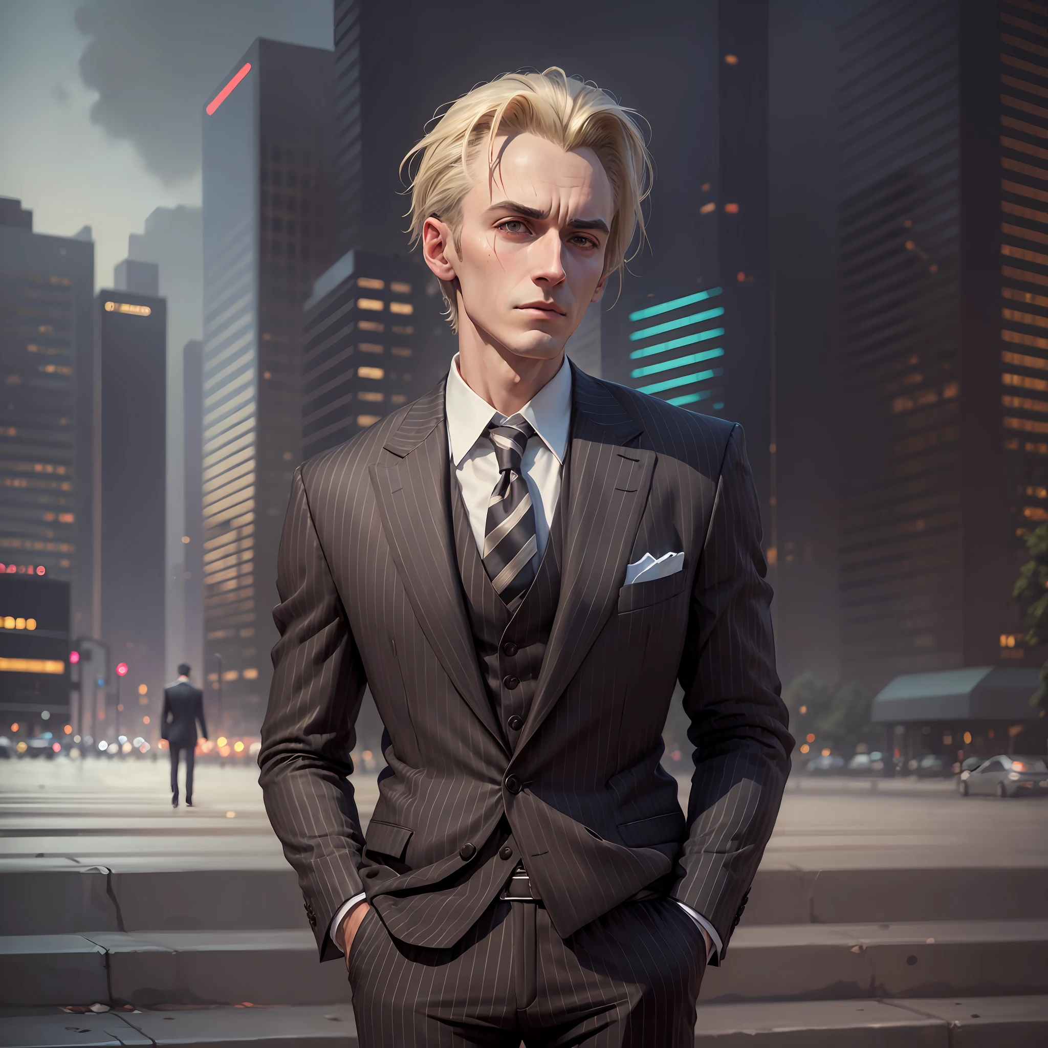 arafed man in a suit and tie standing in a park, wearing a worn out brown suit, wearing a pinstripe suit, in his suit, wearing a worn out suit, similar to malfoy, he is wearing a suit, neo noir style, in a suit, neo - noir style, pinstripe suit, in a strict suit --auto --s2