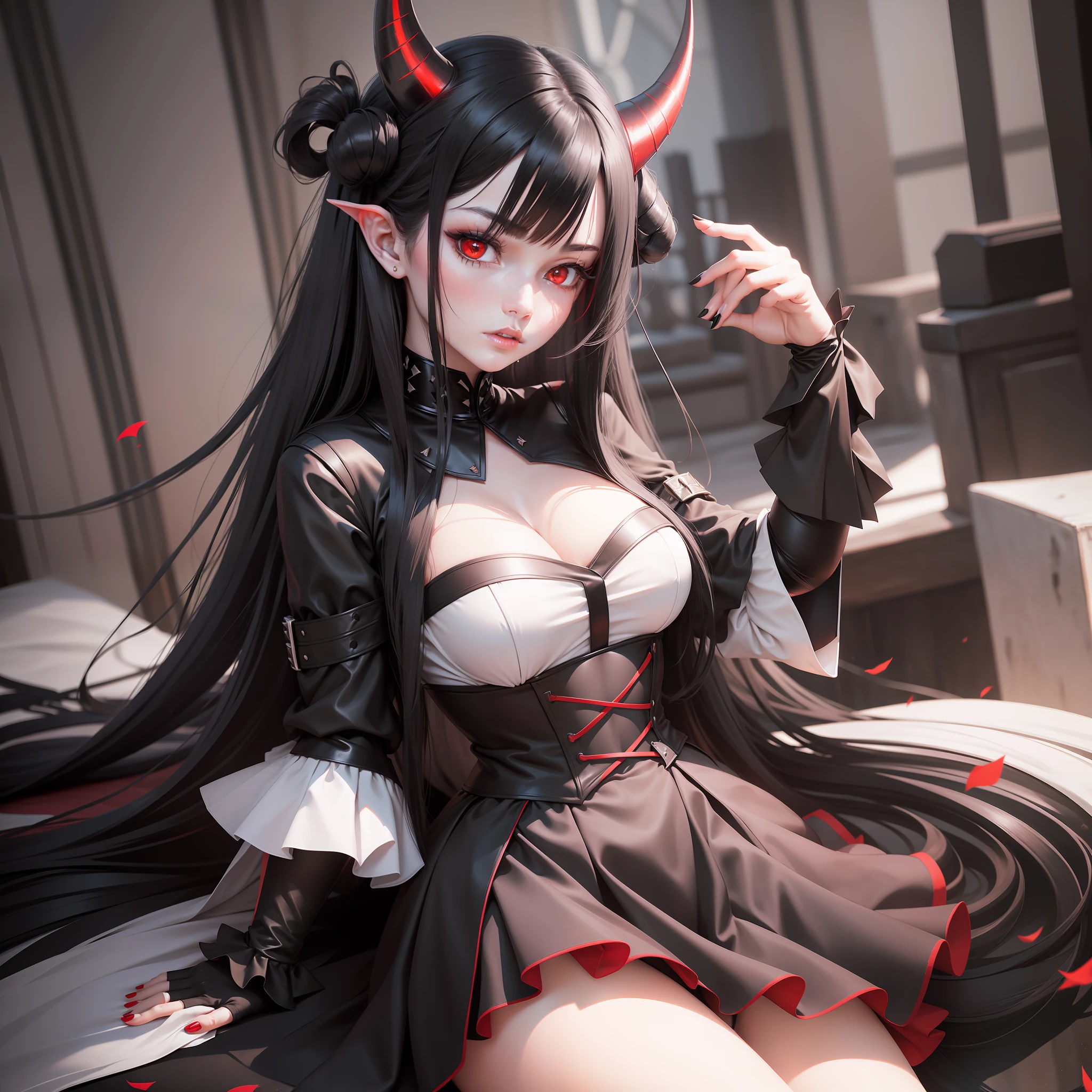 - Long black hair.
- Intense red eyes.
- Pale and radiant skin.
- Demon horns bent backwards.
- Wears a tight white bodice.
- Black skirt up to the thighs.
- Black gloves.
- Black knee-high boots.