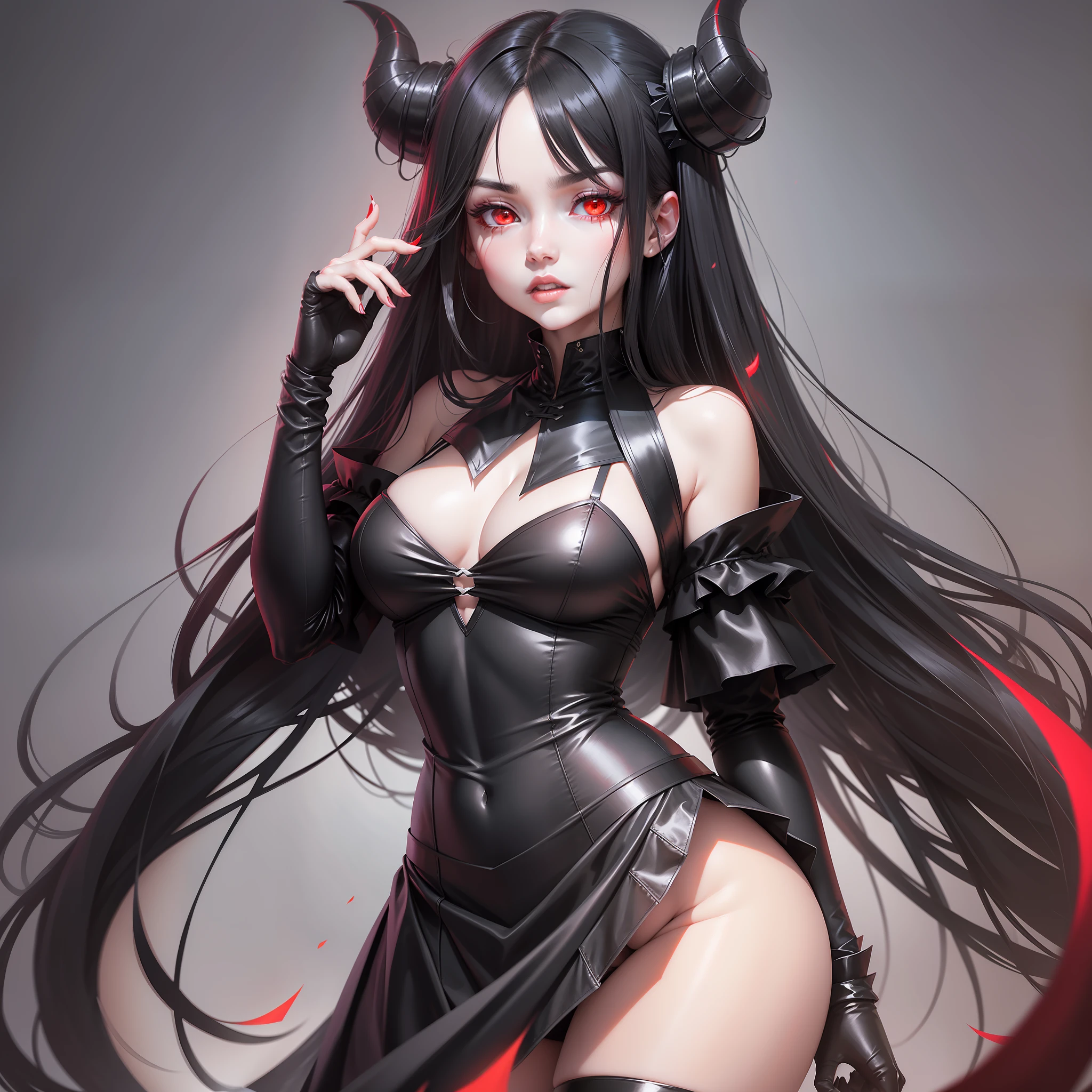 - Long black hair.
- Intense red eyes.
- Pale and radiant skin.
- Demon horns bent backwards.
- Wears a tight white bodice.
- Black skirt up to the thighs.
- Black gloves.
- Black knee-high boots.