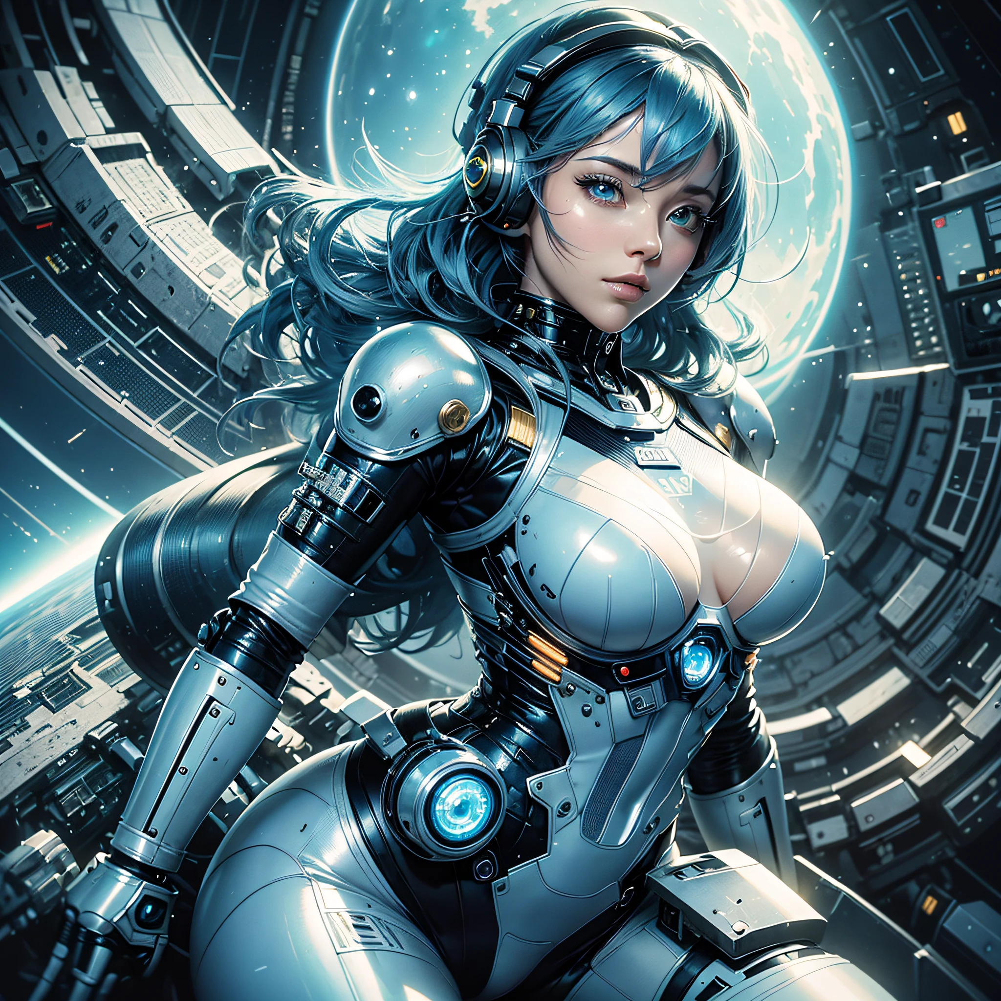 Full body, blue hair, blunt van, masterpiece, top quality, official art, album art, very elaborate CG Unity 8K wallpaper, lone girl, Japan girl, full body, super high resolution, (photorealistic: 1.4), dynamic angle, dynamic pose, mystical power, floating particles, reflection, so cute, sparkling blue color eyes, golden hour lighting, Pilot suit in white and blue and black colors, tight fitting clothes, full-body covering clothes, knee boots, (puffy eyes), viewer looking, front-facing, beauty, medium breasts, shirt lift, metal wire, slim body, arm-length gloves, anime heroine, gentle smile, headset, helmet, detailed robot cockpit, super futuristic space