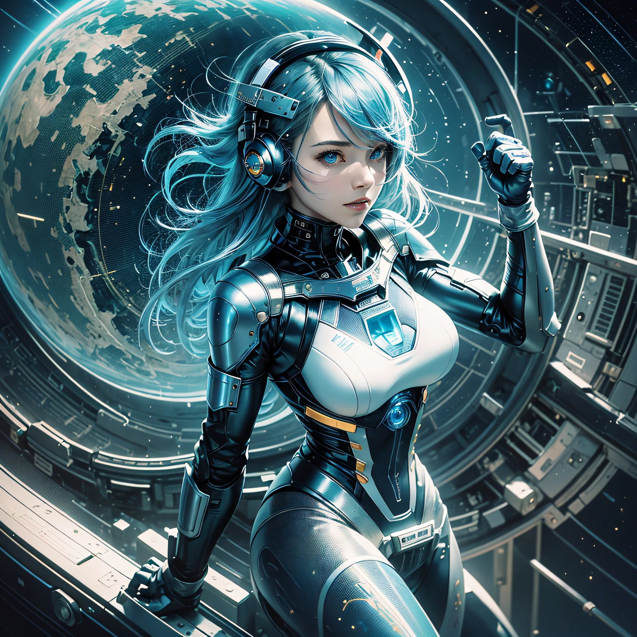 Full body, blue hair, blunt van, masterpiece, top quality, official art, album art, very elaborate CG Unity 8K wallpaper, lone girl, Japan girl, full body, super high resolution, (photorealistic: 1.4), dynamic angle, dynamic pose, mystical power, floating particles, reflection, so cute, sparkling blue color eyes, golden hour lighting, Pilot suit in white and blue and black colors, tight fitting clothes, full-body covering clothes, knee boots, (puffy eyes), viewer looking, front-facing, beauty, medium breasts, shirt lift, metal wire, slim body, arm-length gloves, anime heroine, gentle smile, headset, helmet, detailed robot cockpit, super futuristic space