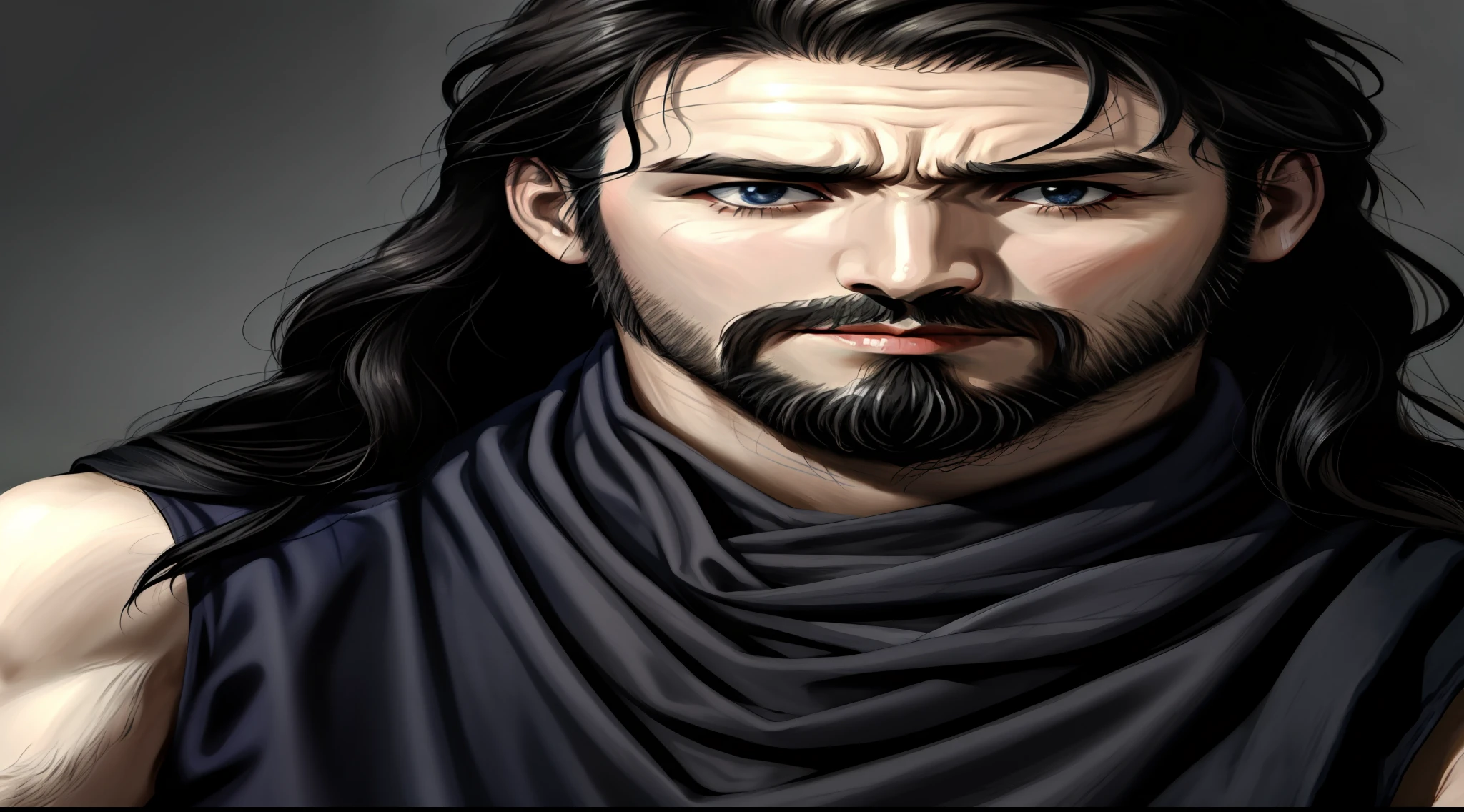 Realistic and high-quality epic art of the face of a rough man with a thin beard brushed in biblical times