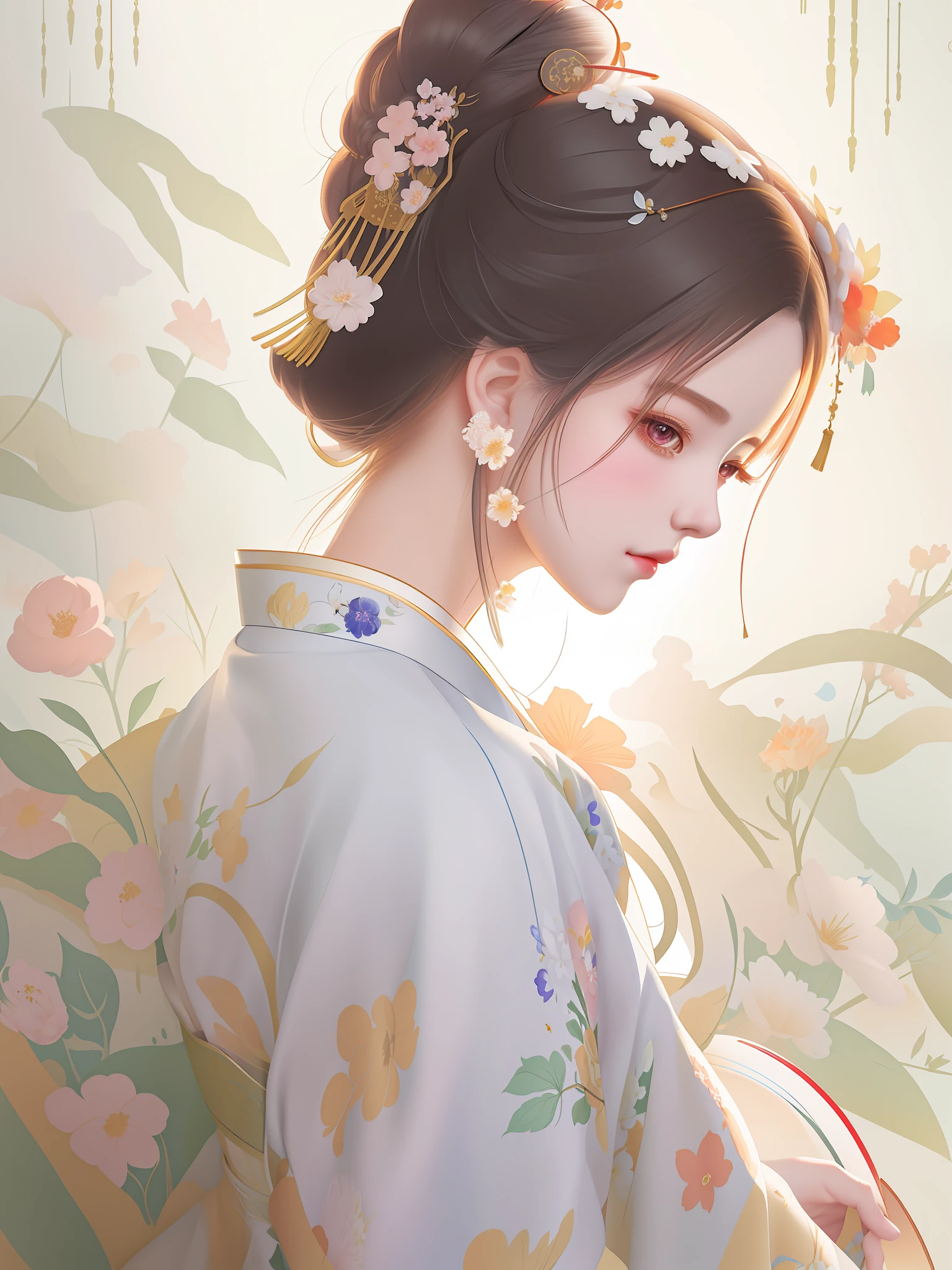 painting of a woman in a kimono with flowers and leaves, guweiz, artwork in the style of guweiz, beautiful digital illustration, beautiful character painting, beautiful digital artwork, palace , a girl in hanfu, a beautiful artwork illustration, elegant digital painting, inspired by Yanjun Cheng, exquisite digital illustration, by Yanjun Cheng, beautiful digital painting
