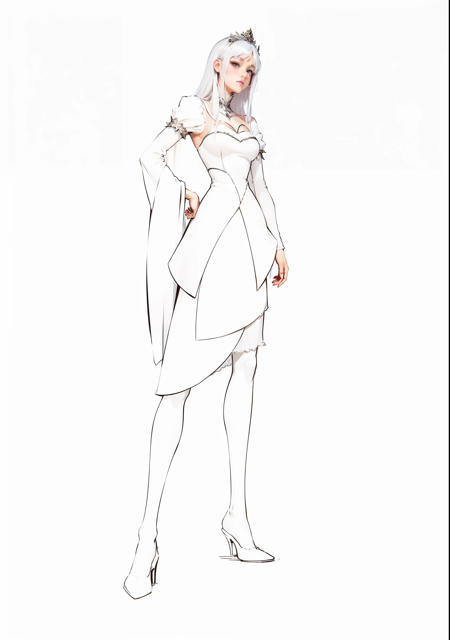 ((masterpiece)),(((best quality))),(character design sheet,same character,front,side,back),illustration,1 girl,silver hair,princess cut,hair on eyes,beautiful eyes,environment Scene change, pose too, gorgeous princess dress, magic, charturnbetalora, (simple background, white background: 1.3)