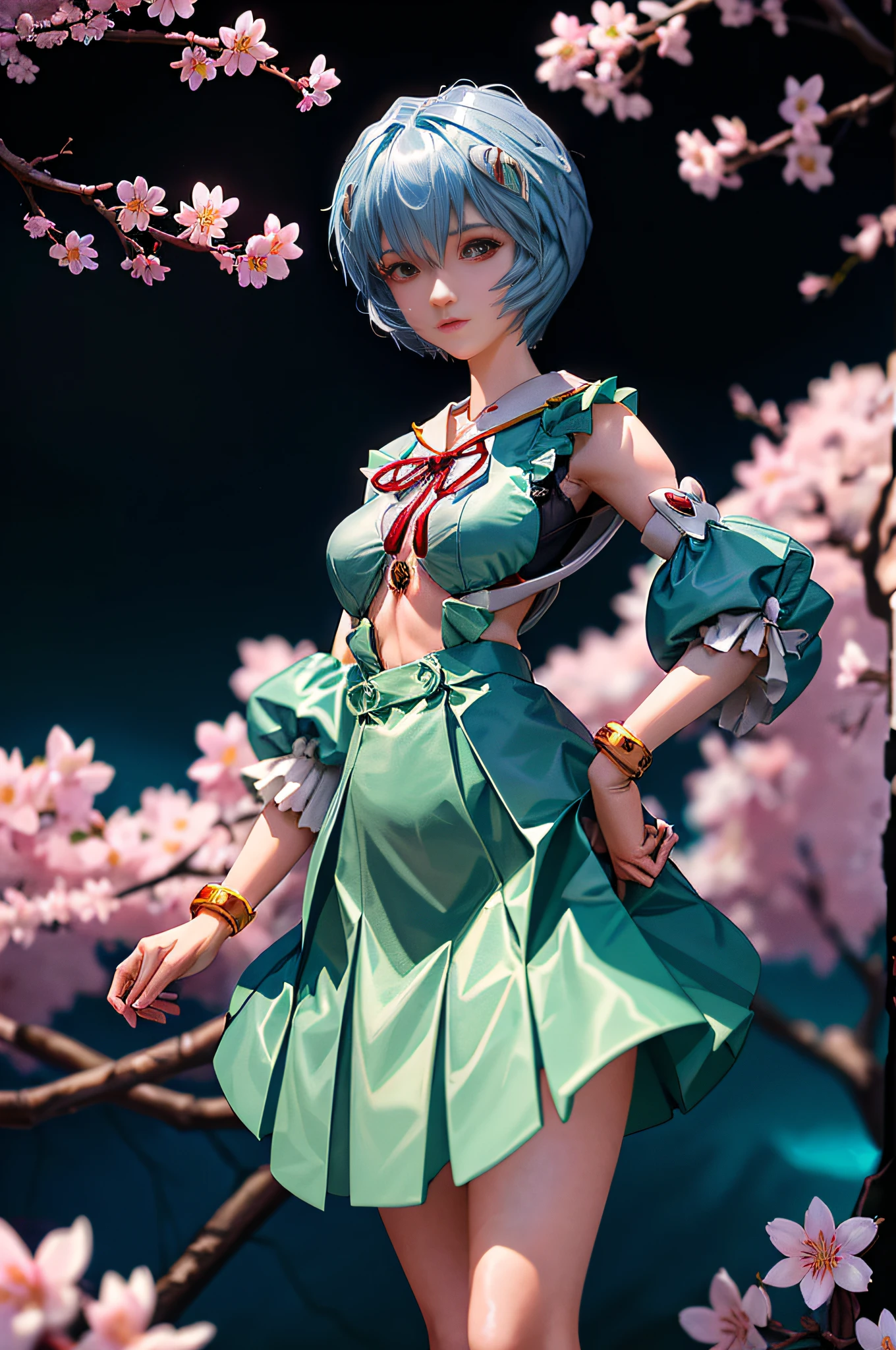 Here's a simplified Prompt for the Stable Diffusion model:

((fantasy charming beautiful cherry blossoms), 8k, trend, glowing pastel colors and gold, very detailed surreal art style, (1 girl), ([rei ayanami]:1.2))