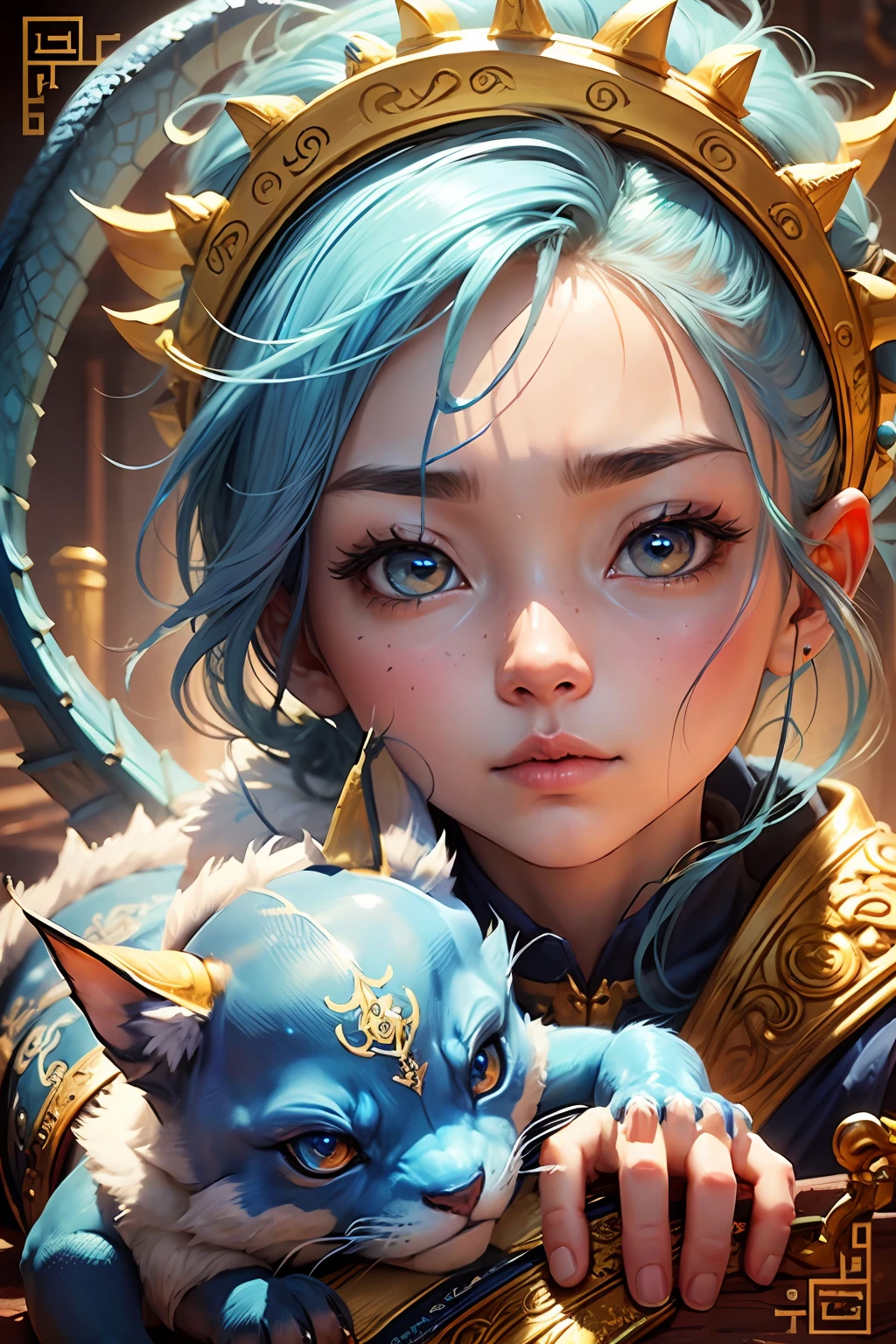 little blue and golden dragon looking straight into the eyes --auto --s2
