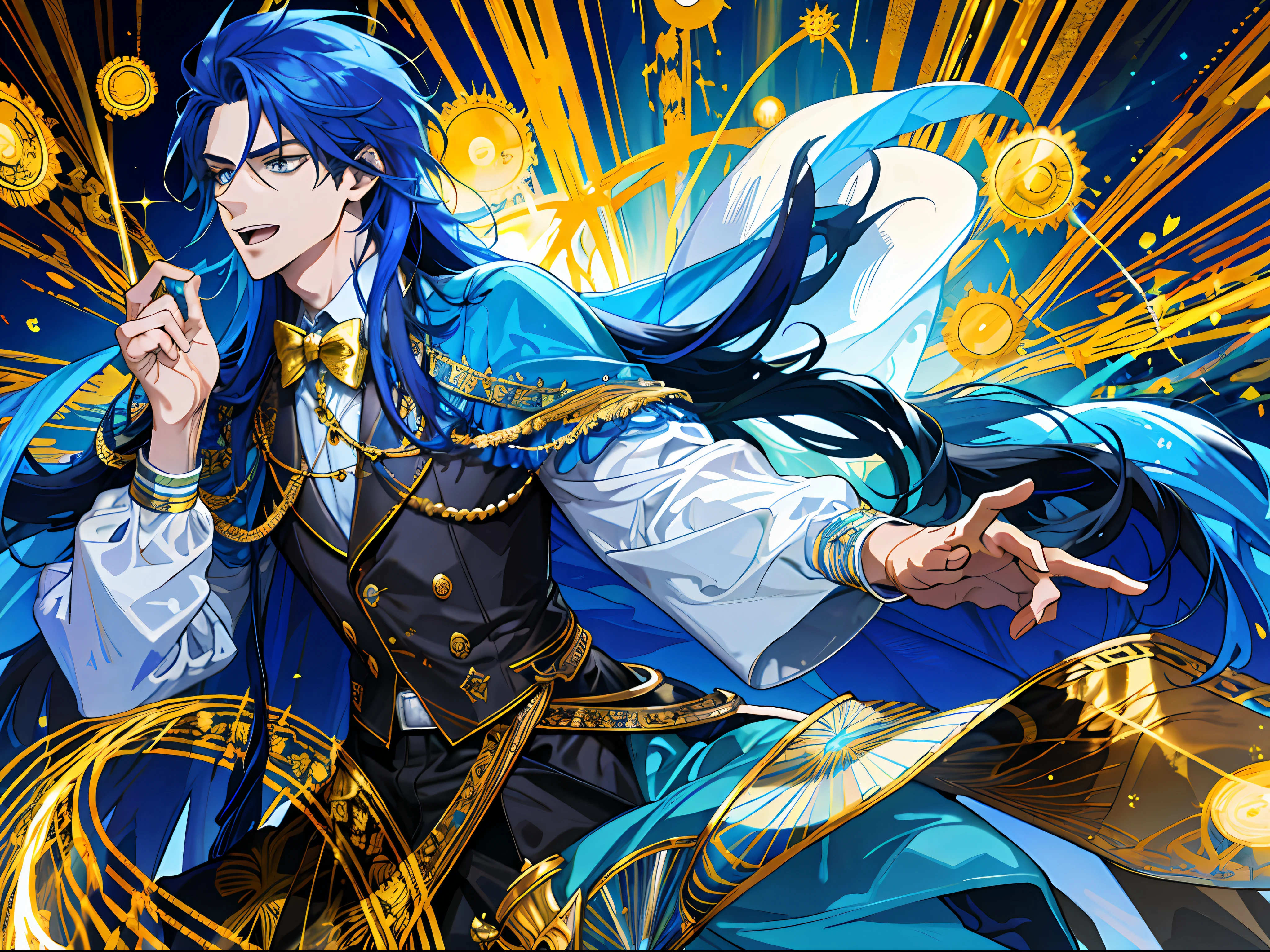 (ridiculous, high resolution, super detailed), (panorama), (1 male), open mouth, roar, jungle, a man, long hair, magic emanating, streamer, light blue clothes, gold decoration, behind the magic array