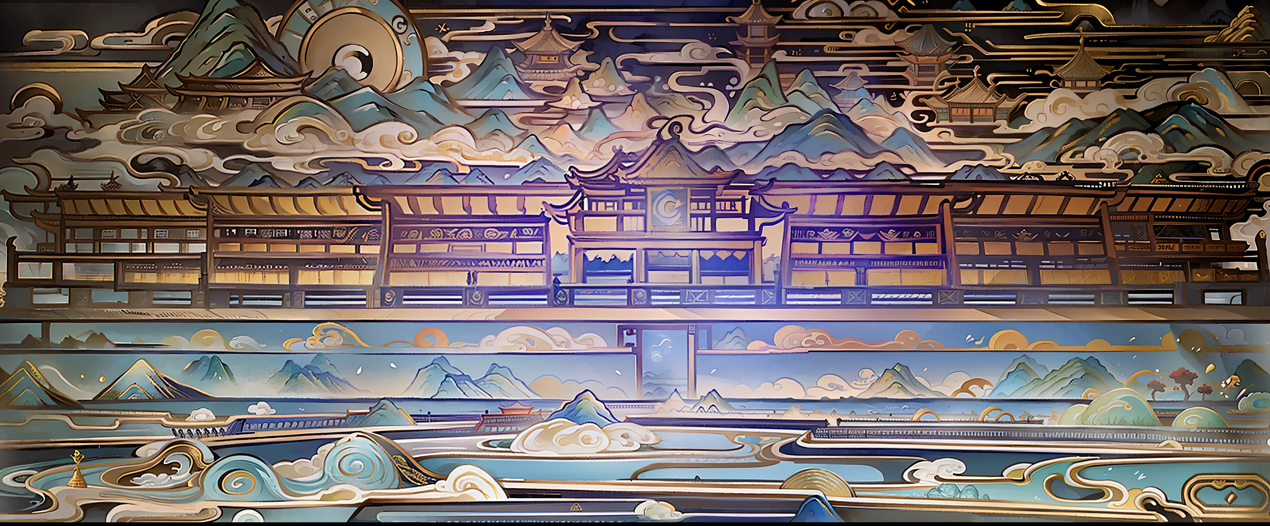 An ancient Chinese painting, ancient Chinese background, mountains, rivers, auspicious clouds, pavilions, sunshine, masterpieces, super detail, epic composition, ultra HD, high quality, extremely detailed, official art, unified 8k wallpaper, Super detail, 32k -- v 6