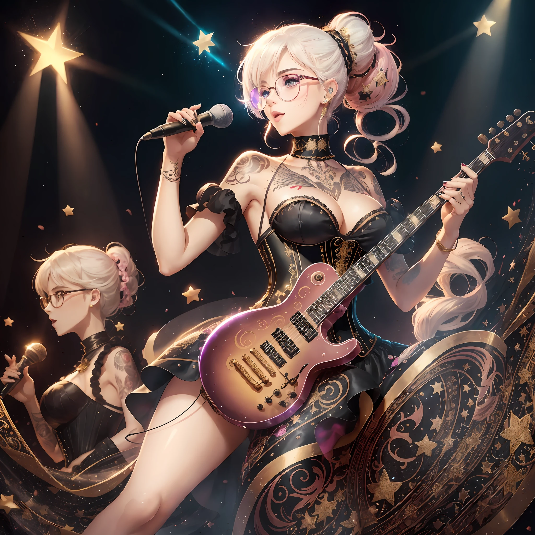 very high image quality, high quality, masterpiece, exquisite, 16k, anime illustrations, great proportions, white glossy short hair with splashes in places, messy hair, half-up knitting ponytail hair style, intelligent beauty, black glasses, sparkling blue big eyes, glossy pink lips, laugh like a prankster, happy, shy, huge breasts, slender, full body, tattoos, black corset dress with gold embroidery, singing a song, playing the star shaped electric guitar, microphone, live stage