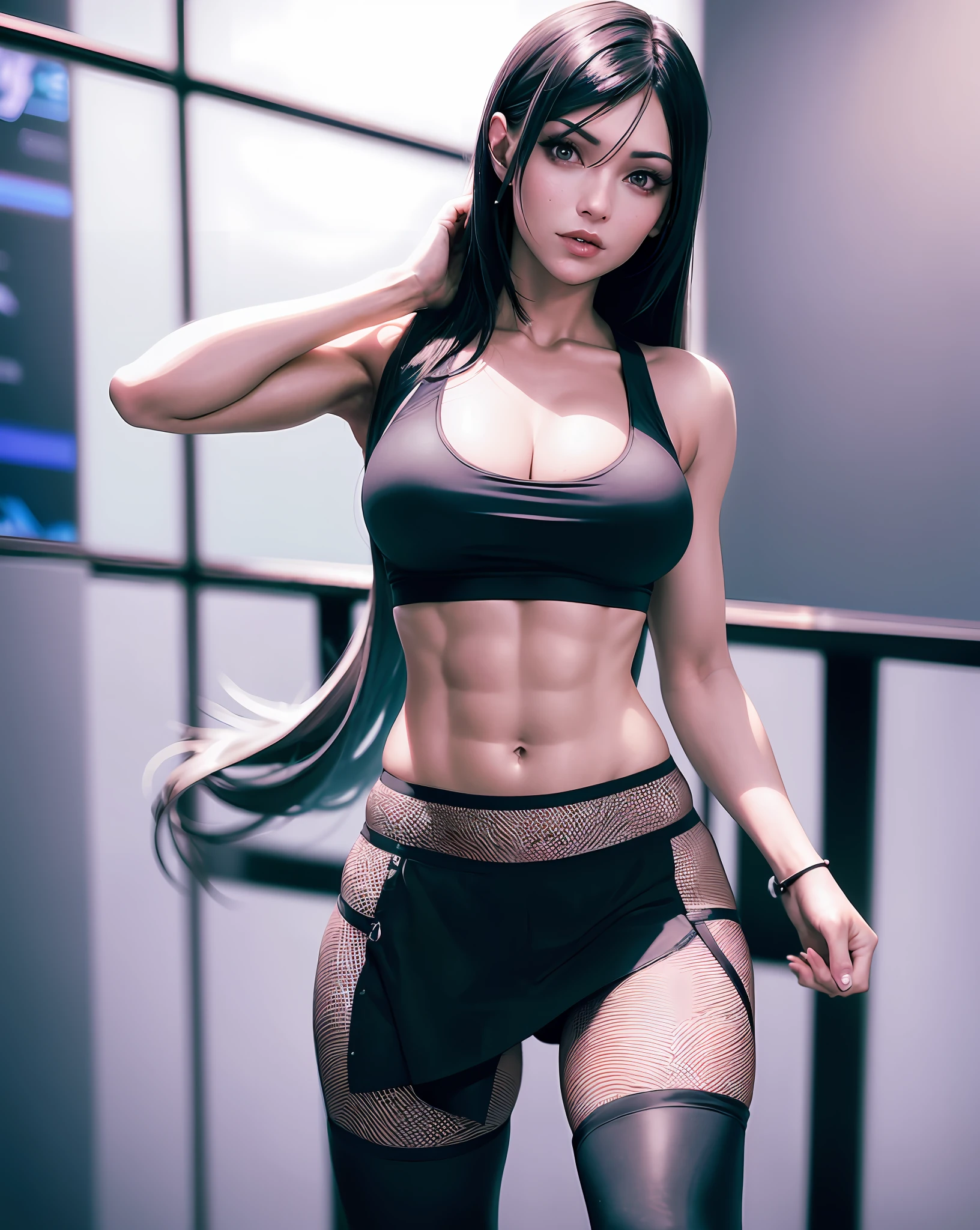 there is a woman in a black top and black pants posing, fit girl, tifa lockhart, tifa, with abs, seductive tifa lockhart portrait, fitness model, sporty physique, tifa lockheart, glamorous tifa lockheart, photorealistic perfect body, crop shirt and strong abs, cyberpunk 2 0 y. o model girl, muscular sweat lara croft