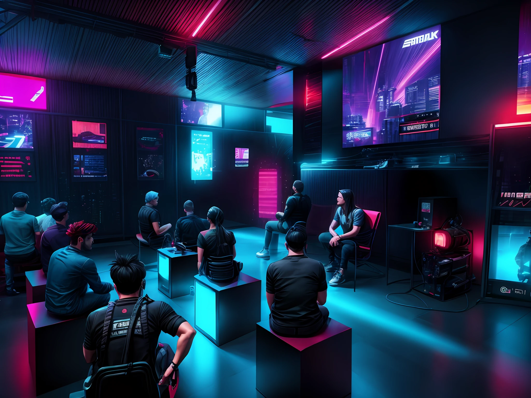 People sitting in chairs watching a man on a stage, cyberpunk style, f 1/4, (((Octane render)))), add_detail:1