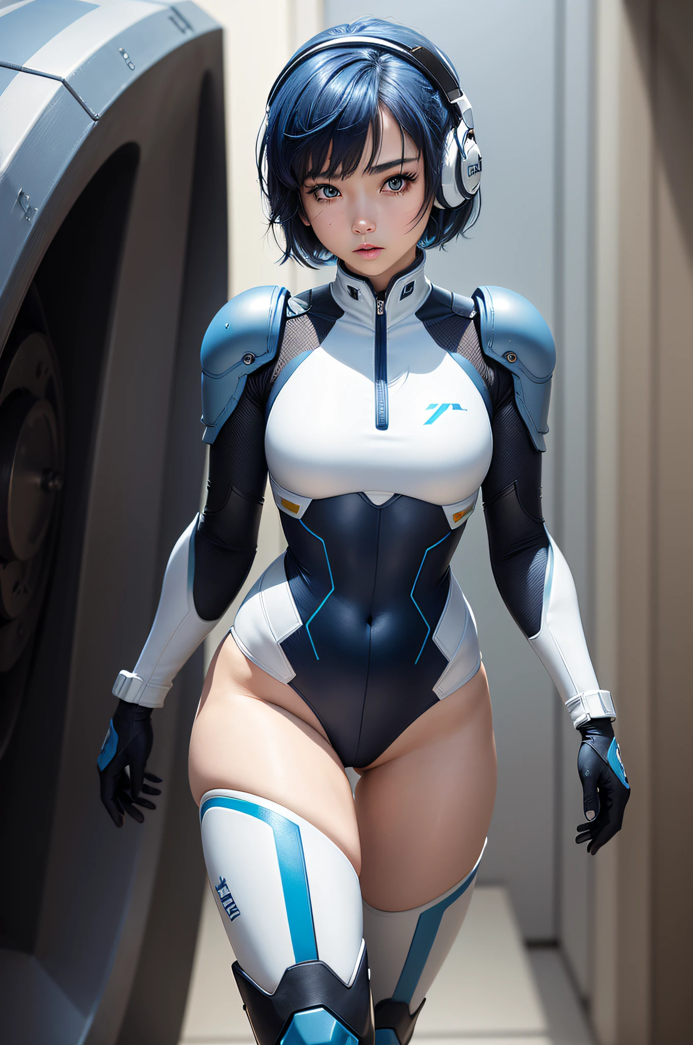 (masterpiece, highest quality, highest resolution, distinct_image, detailed details): (Solo, lone girl, face is Japan person, short cut, blue-haired girl, full body figure, (perfect body: 1.1), sparkly blue color eyes, white and blue, black color pilot suit, tight fit clothes, clothes that cover the whole body, very delicate and beautiful, detailed skin, slim body, exoskeleton, Heroine, headset, boots)