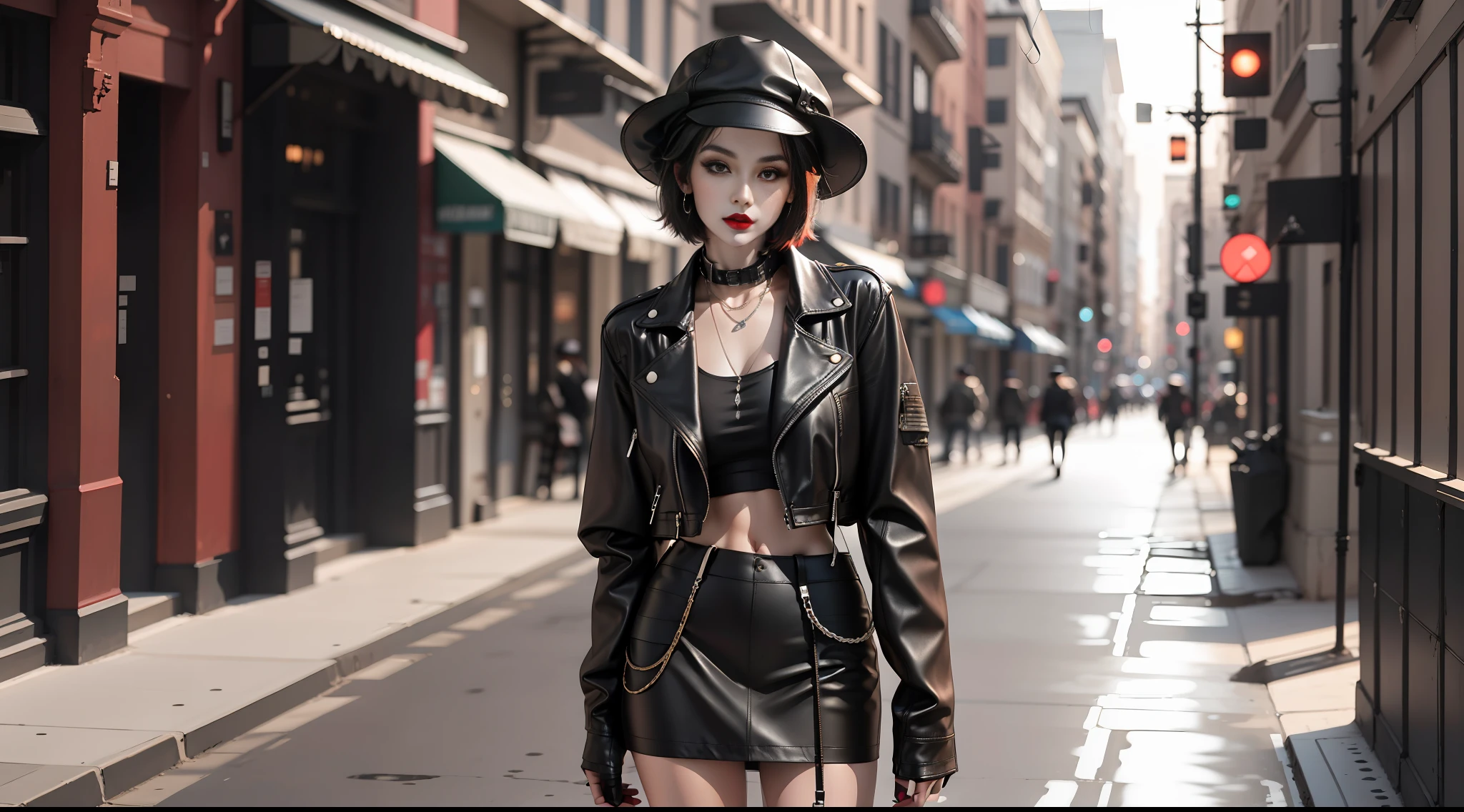 (short hair, hat: 1.2), black leather jacket, clothing model, black leather skirt, black boots, red lips, dark tones.