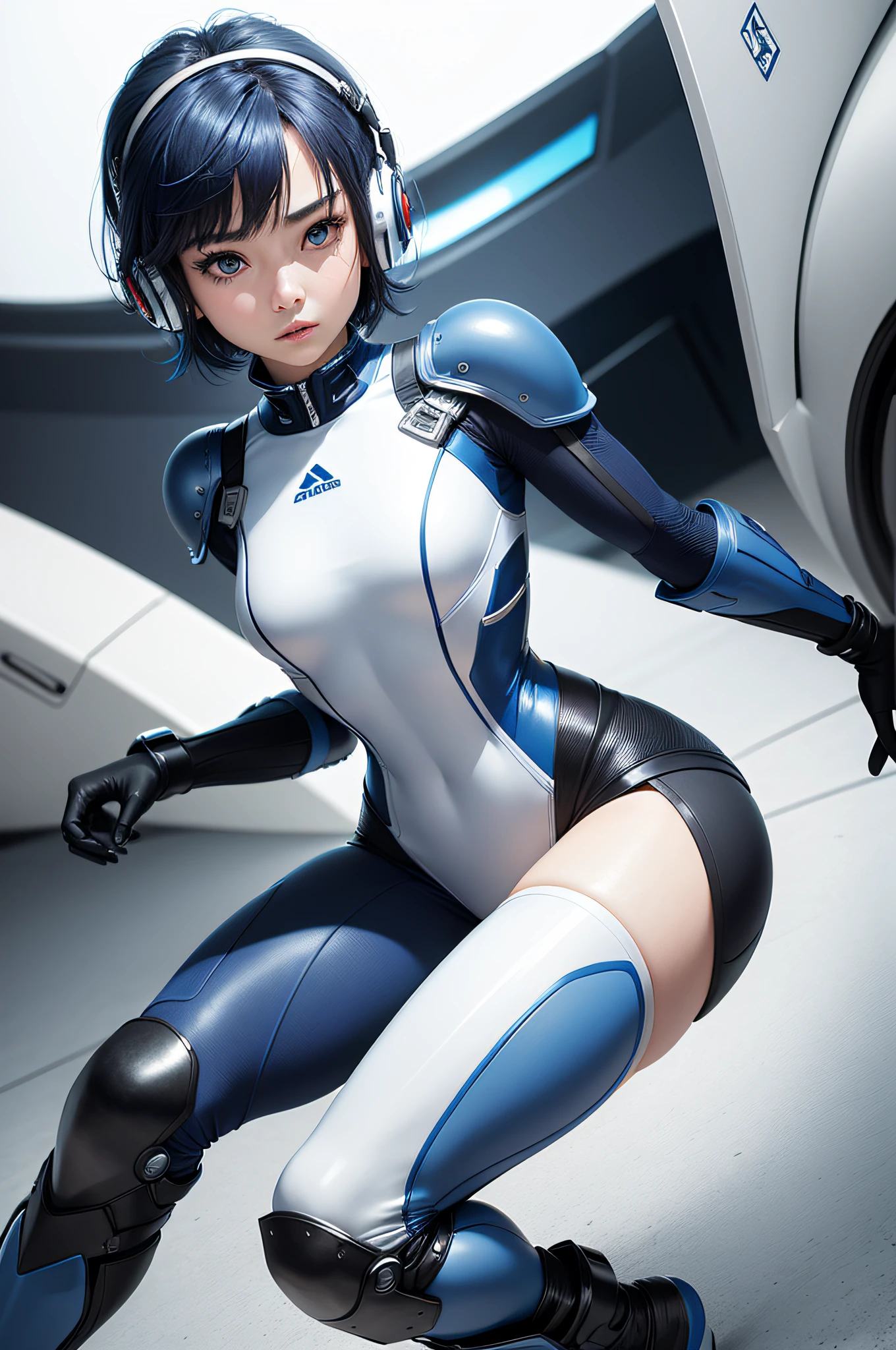 (masterpiece, highest quality, highest resolution, distinct_image, detailed details): (Solo, lone girl, face is Japan person, short cut, blue-haired girl, full body figure, (perfect body: 1.1), sparkly blue color eyes, white and blue, black color pilot suit, tight fit clothes, clothes that cover the whole body, very delicate and beautiful, detailed skin, slim body, exoskeleton, Heroine, headset, boots)