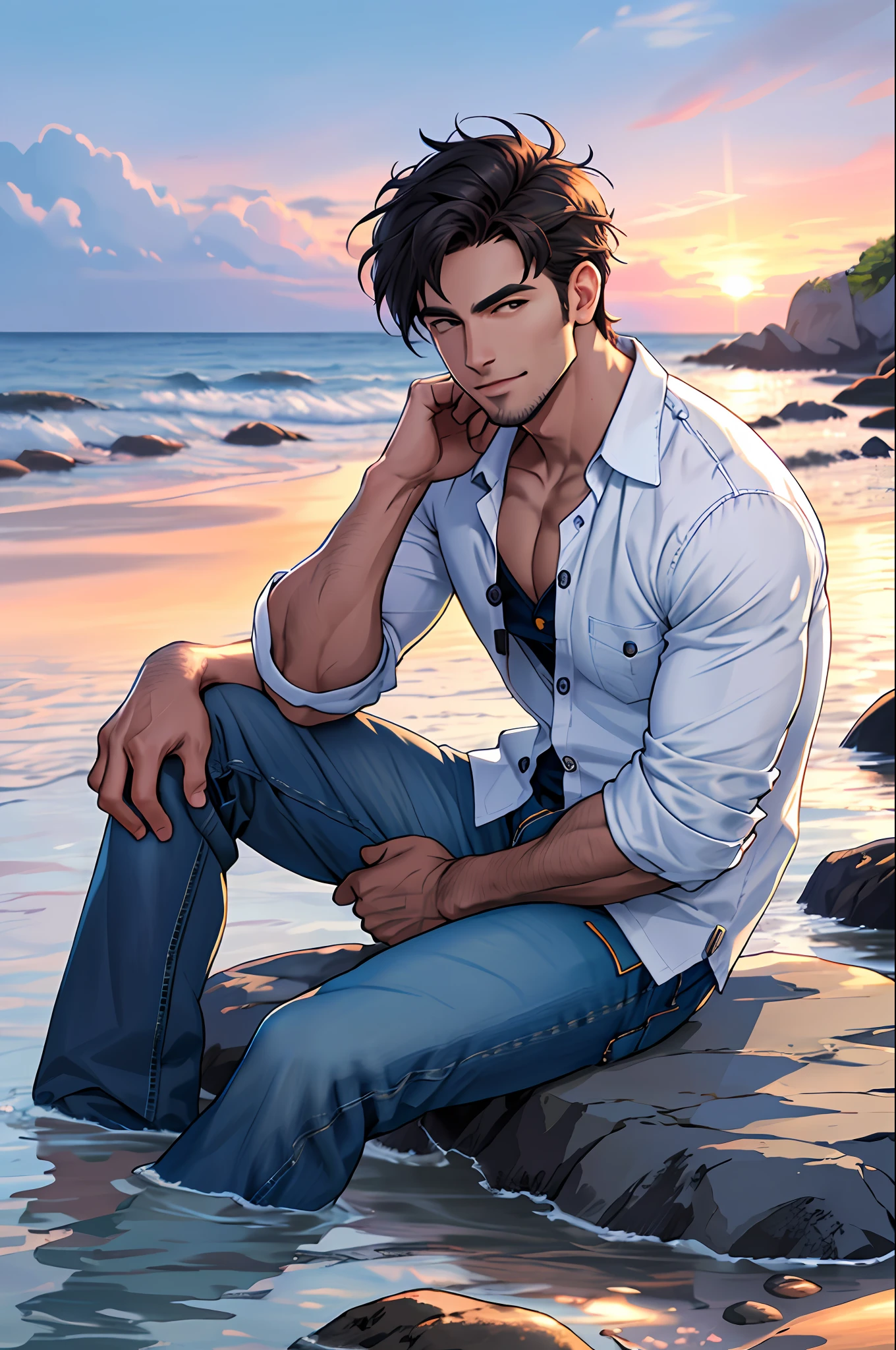 Handsome sexy Man sitting on a rock by the sea in a colorful sunset. He is dressed in jeans and shirt ((white without buttoning)). Photorealistic style. Intricacy. Hyper-detailed. 8k. High quality