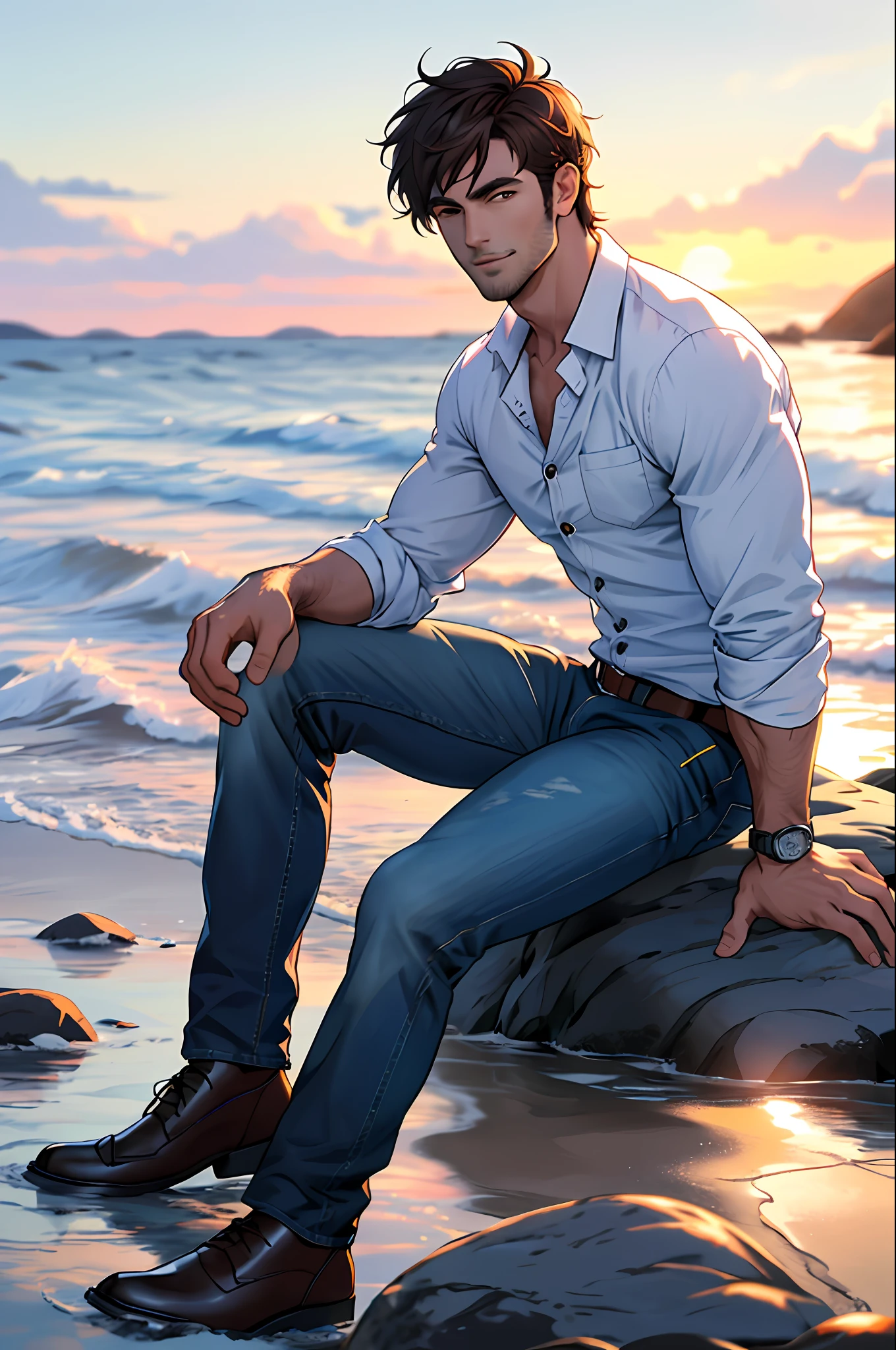 Handsome sexy Man sitting on a rock by the sea in a colorful sunset. He is dressed in jeans and shirt ((white without buttoning)). Photorealistic style. Intricacy. Hyper-detailed. 8k. High quality