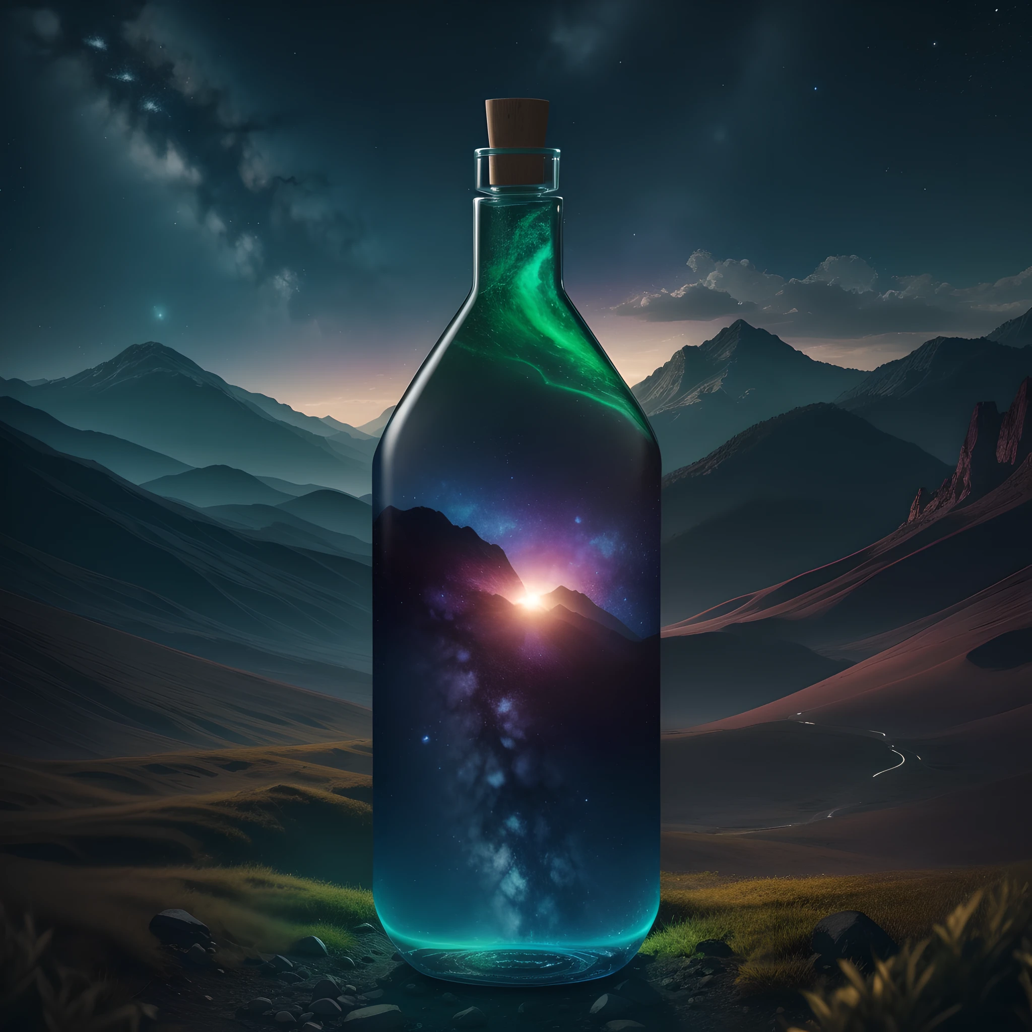 beautiful scenery nature glass bottle landscape, fluorescent green color galaxy bottle BREAK detailed, cinematic lighting, professional colorgraded