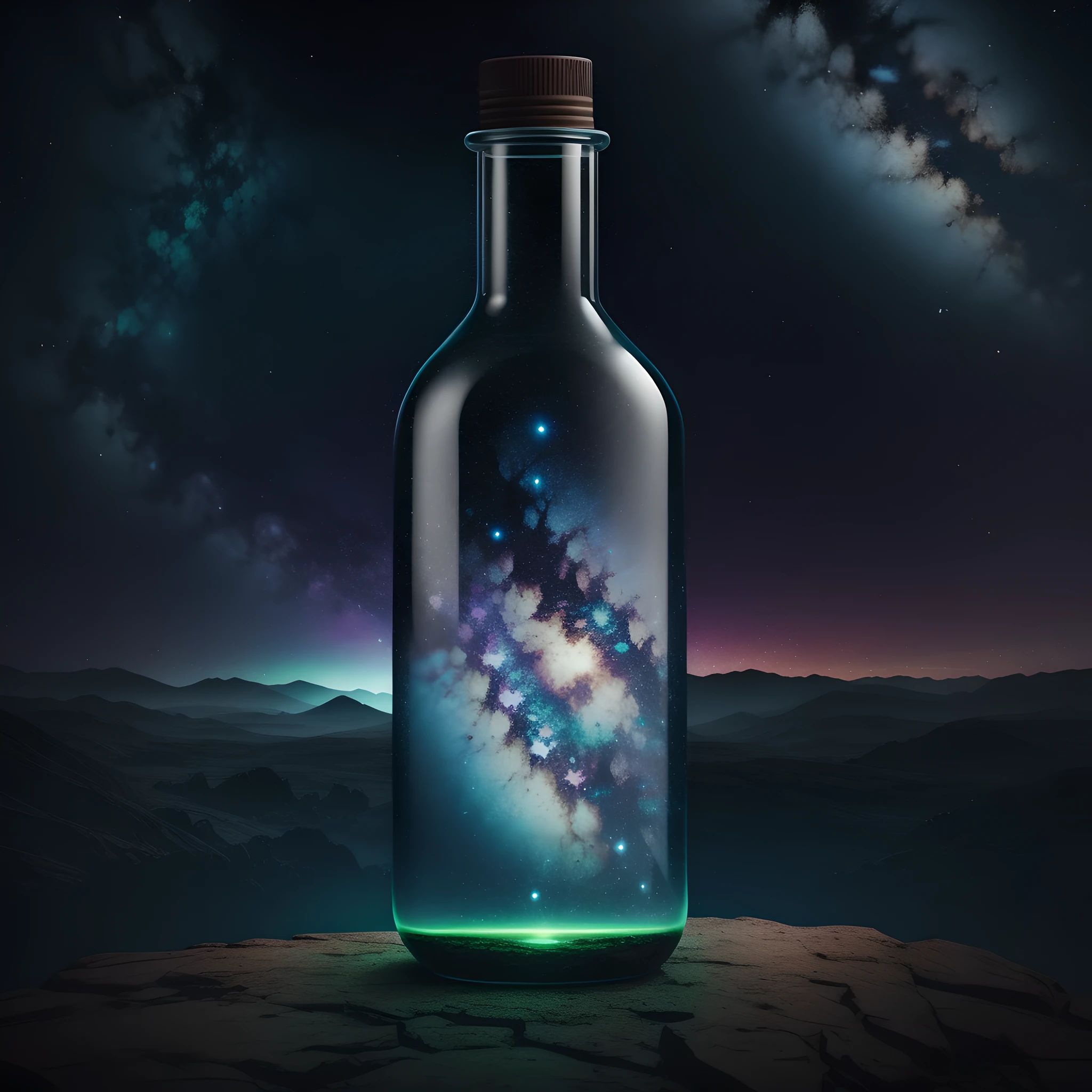 beautiful scenery nature glass bottle landscape, fluorescent green color galaxy bottle BREAK detailed, cinematic lighting, professional colorgraded