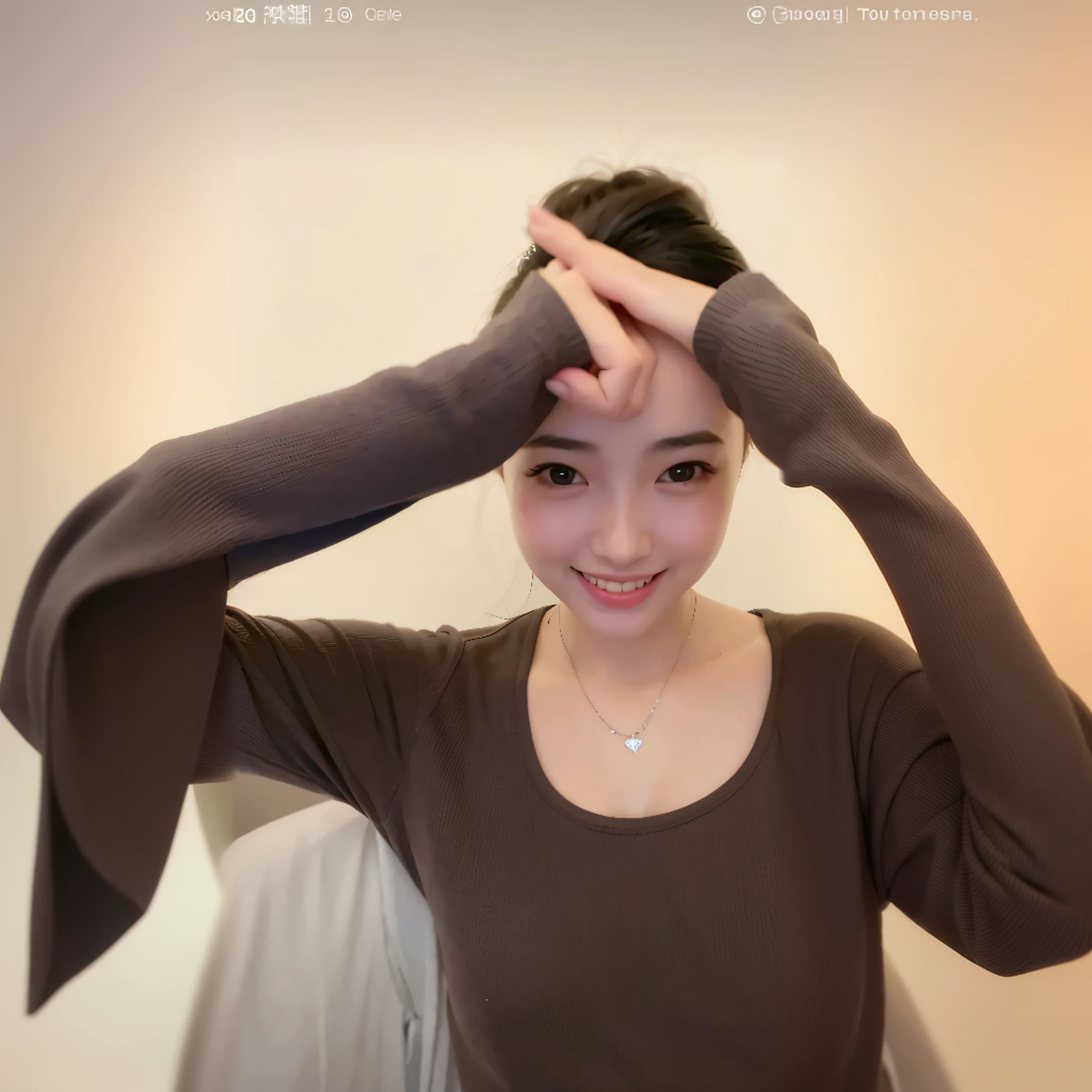 there is a woman that is holding her hands to her head, gorgeous young korean woman, young adorable korean face, young cute wan asian face, wan adorable korean face, warm and gentle smile, slight cute smile, dilraba dilmurat, 8k selfie photograph, smiling sweetly, beautiful young korean woman, cute korean actress, slight smile expression, lovely smile