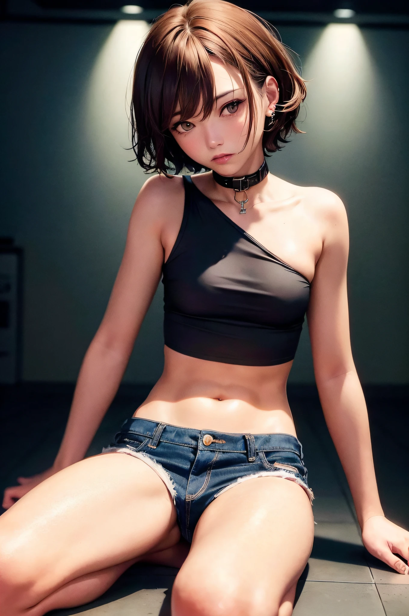 ((Medium, Tomboy, Small Head)), (Perfect Body: 1.1), (Short Wavy Hair: 1.2), Reddish Brown, Collar, Chain, Full Body Shot, Crowded City, Black Tank Top, Jeans Jacket, (Shorts), (Very Elaborate CG 8K Wallpaper), (Very Delicate and Beautiful), (Masterpiece), (Best Quality): 1.0), (Ultra High Definition: 1.0), Beautiful lighting, perfect lightning, Realistic Shadows, High Resolution, Detailed Skin, Super Detail ((Colorful)), Naked