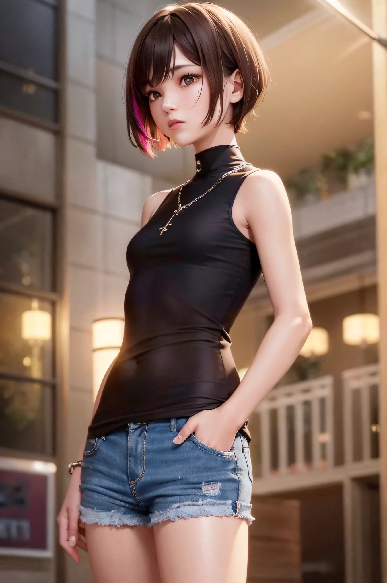 ((Medium, Tomboy, Small Head)), (Perfect Body: 1.1), (Short Wavy Hair: 1.2), Reddish Brown, Collar, Chain, Full Body Shot, Crowded City, Black Tank Top, Jeans Jacket, (Shorts), (Very Elaborate CG 8K Wallpaper), (Very Delicate and Beautiful), (Masterpiece), (Best Quality): 1.0), (Ultra High Definition: 1.0), Beautiful lighting, perfect lightning, Realistic Shadows, High Resolution, Detailed Skin, Super Detail ((Colorful)), Naked