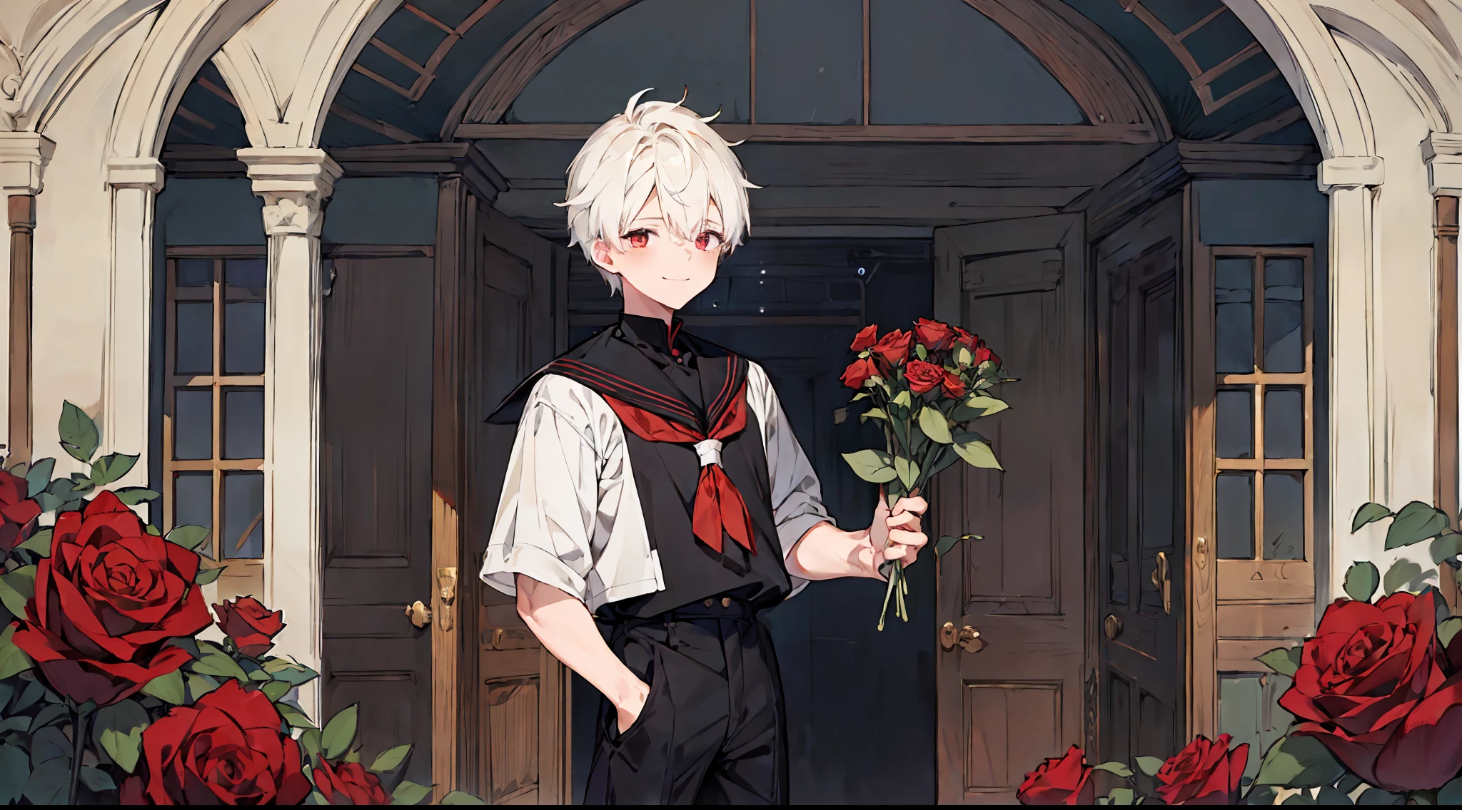 ((masterpiece)),(((best quality))), (high-quality, breathtaking),(expressive eyes, perfect face), short, young boy, short white hair, red eyes, smiling, black sailor european outfit, wear short shorts, shine, glow, red roses.