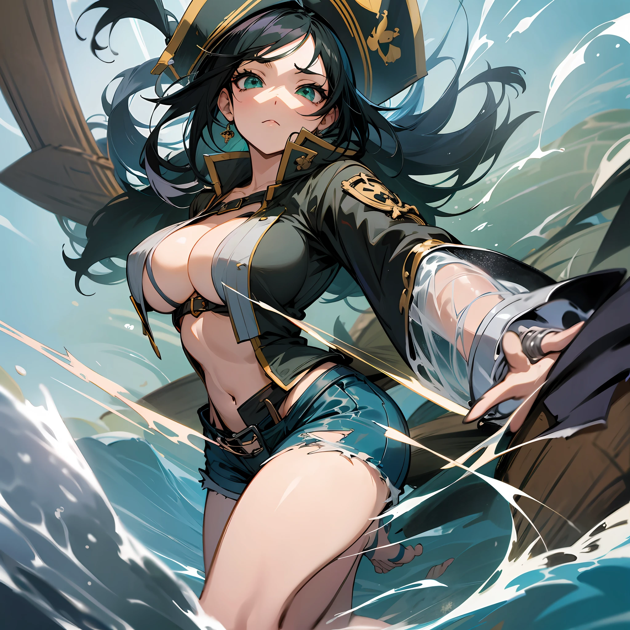 Anime style, Woman, pirate woman, anime, short shorts, anime, full body, feet in the water, anime, black hair, detailed eyes, anime eyes, green eyes, big breasts, torn clothes, sensual, facing camera, anime, very large breasts --auto --s2