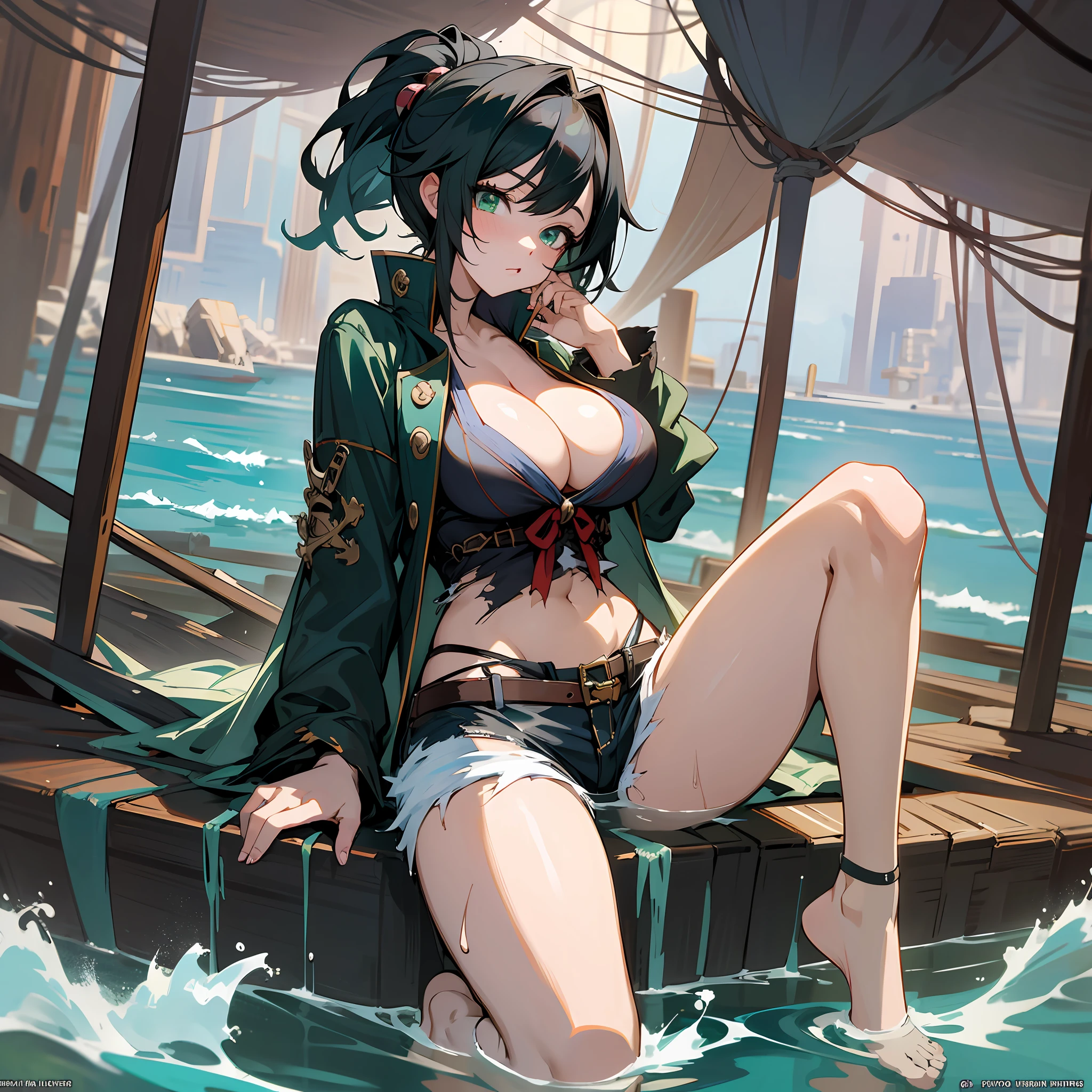 Anime style, Woman, pirate woman, anime, short shorts, anime, full body, feet in the water, anime, black hair, detailed eyes, anime eyes, green eyes, ???????????, torn clothes, sensual, facing camera, anime, very ????????????? --auto --s2