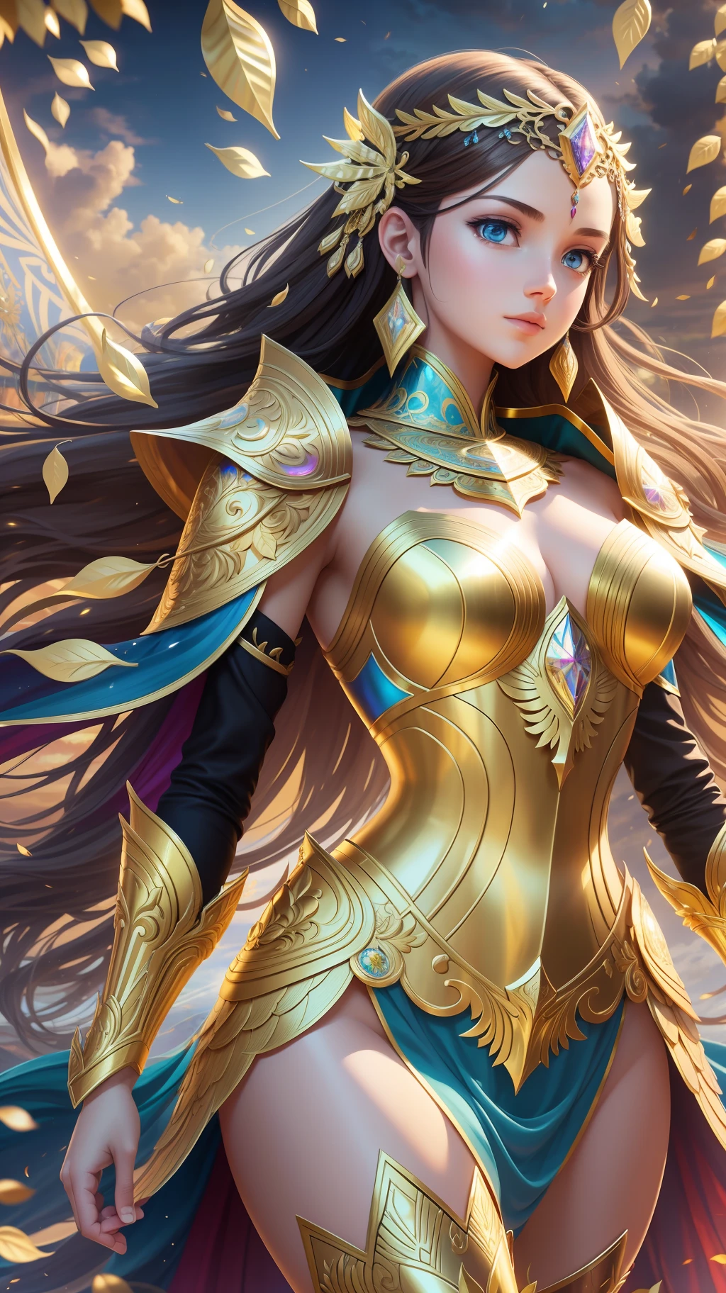 award winning concept art of tall (1girl:1.2) in golden shiny ornate armor, epic, god rays, centered, (masterpiece:1.2), (best quality:1.2), Amazing, highly detailed, beautiful, finely detail, warm soft color grading, Depth of field, extremely detailed 8k, fine art, stunning, iridescent, shiny, light reflections, crisp, curls, wind, flying leaves, dynamic pose, hyper realism, vibrant