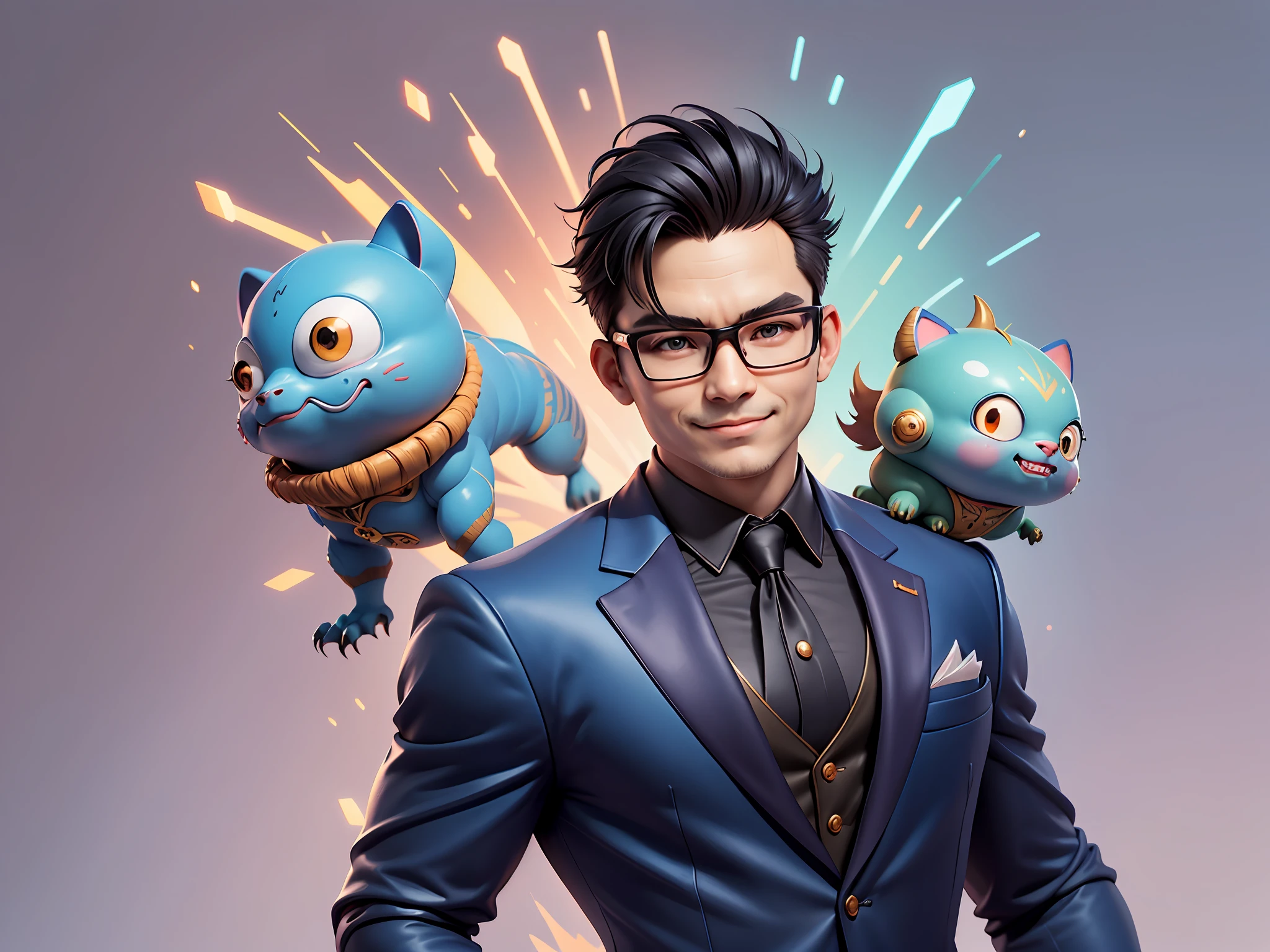 (Masterpiece), (Extreme Quality), (Super Meticulous), (Full Body: 1.2), Super Young Man, Chinese Dragon, Tiger, Wind God Thor, Sexy, Bursting, Oriental Face, TV Anchor, Bust Portrait Illustration, Black Formal Suit, Blue Tie, Slightly Chubby Face, Silver Glasses, Very Clean Face, No Beard on Chin, Black Super Short Hair, Black Eyes, Confident Smile, 3c Computer Sub-Products, iPad, iPhone, Digital Painting, 3D Character Design by Mark Claireden and Pixar and Hayao Miyazaki and Akira Toriyama, The illustration is a high-definition illustration in 4K resolution with very detailed facial features and cartoon-style visuals.