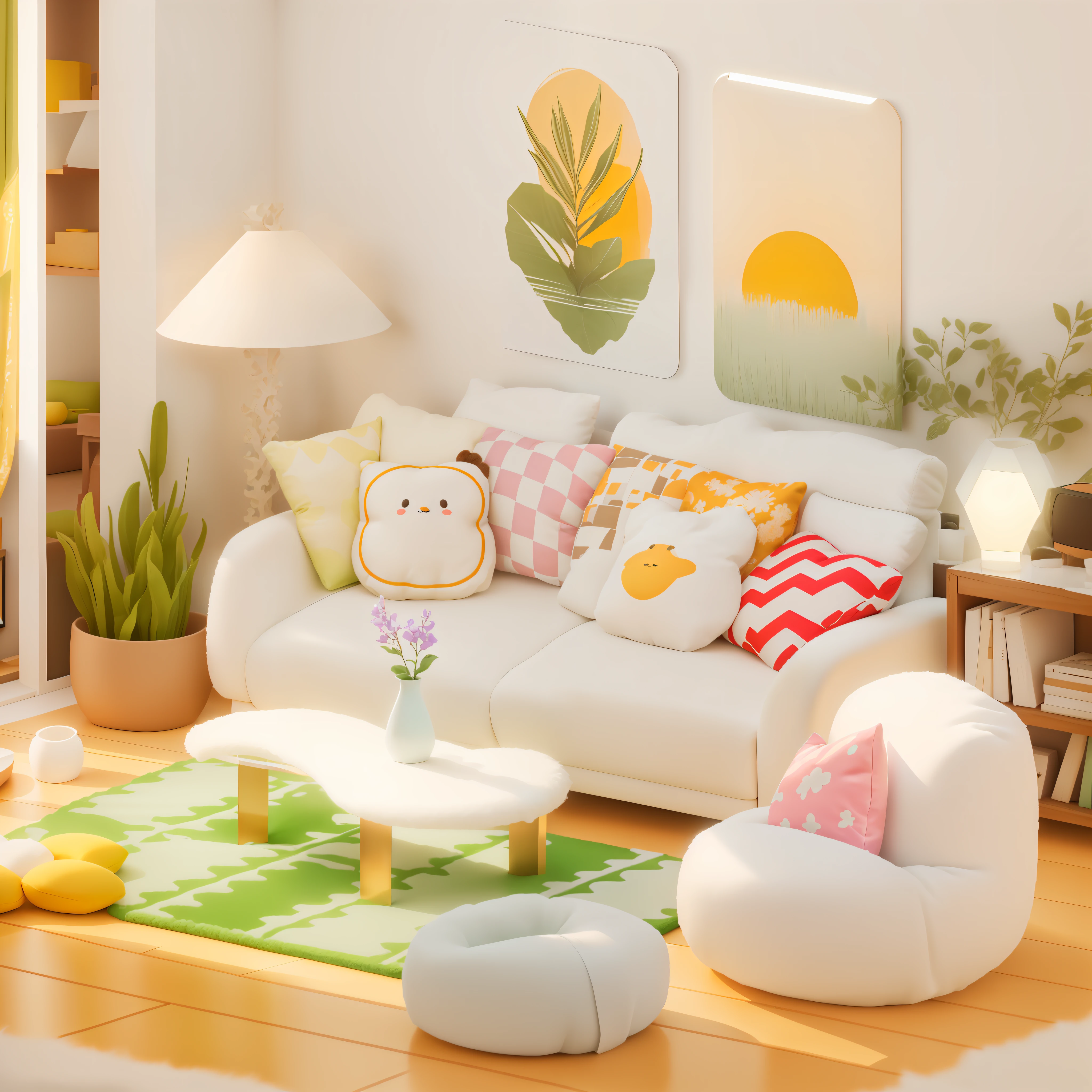 there is a living room with a white couch and a green rug, cute 3 d render, cozy home background, cozy living room background, soft 3d render, stylized 3d render, fully detailed render, animation style render, highly detailed scene, very detailed render, highly detailed render, detailed render, super detailed render, in a living room, living room background