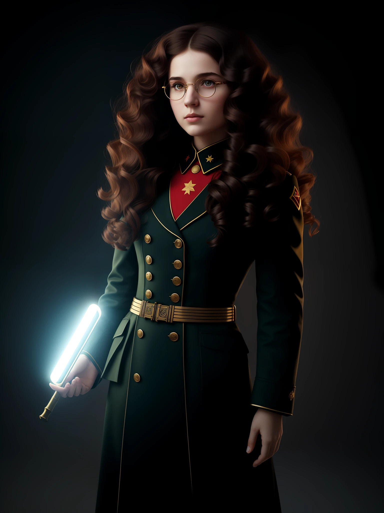 the most beautiful a magical girl , soviet girl, communist girl, with round glasses, round glasses, look determined, with long curly hair and curly curly hair in style of Russian military uniforms and black hair, artstation, concept art, smooth, sharp focus, light diffraction, illustration in the style of Simon Stalenhag, 8 k, hdr, matte, hdr, 8 k, ultrawide, highly detailed, trendy, dark theme, light brown hair, communist, soviet girl, sickle and hammer background