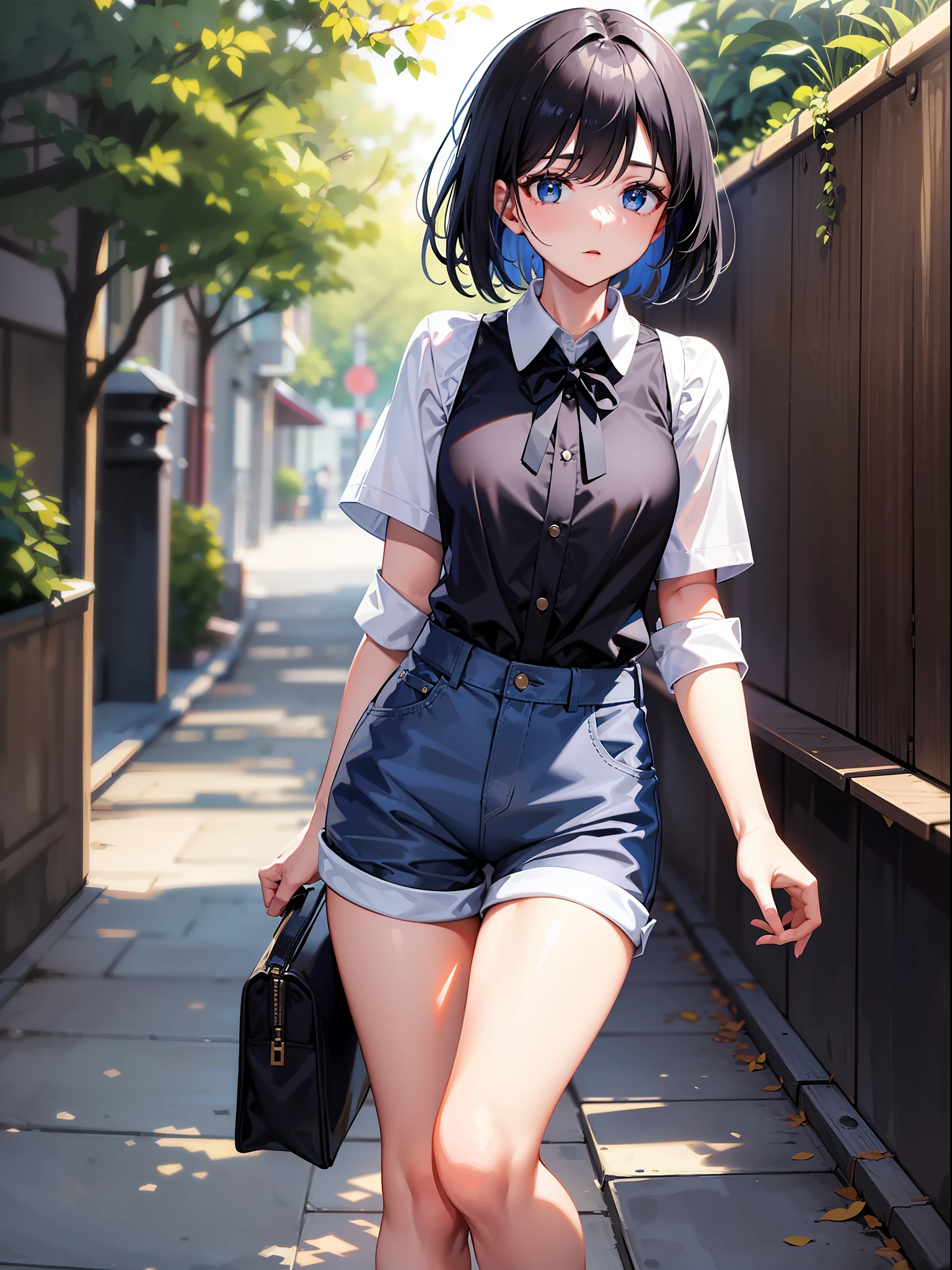 Black hair short, short clothes with white collar sleeves, blue shorts, black stockings, girl, outdoor