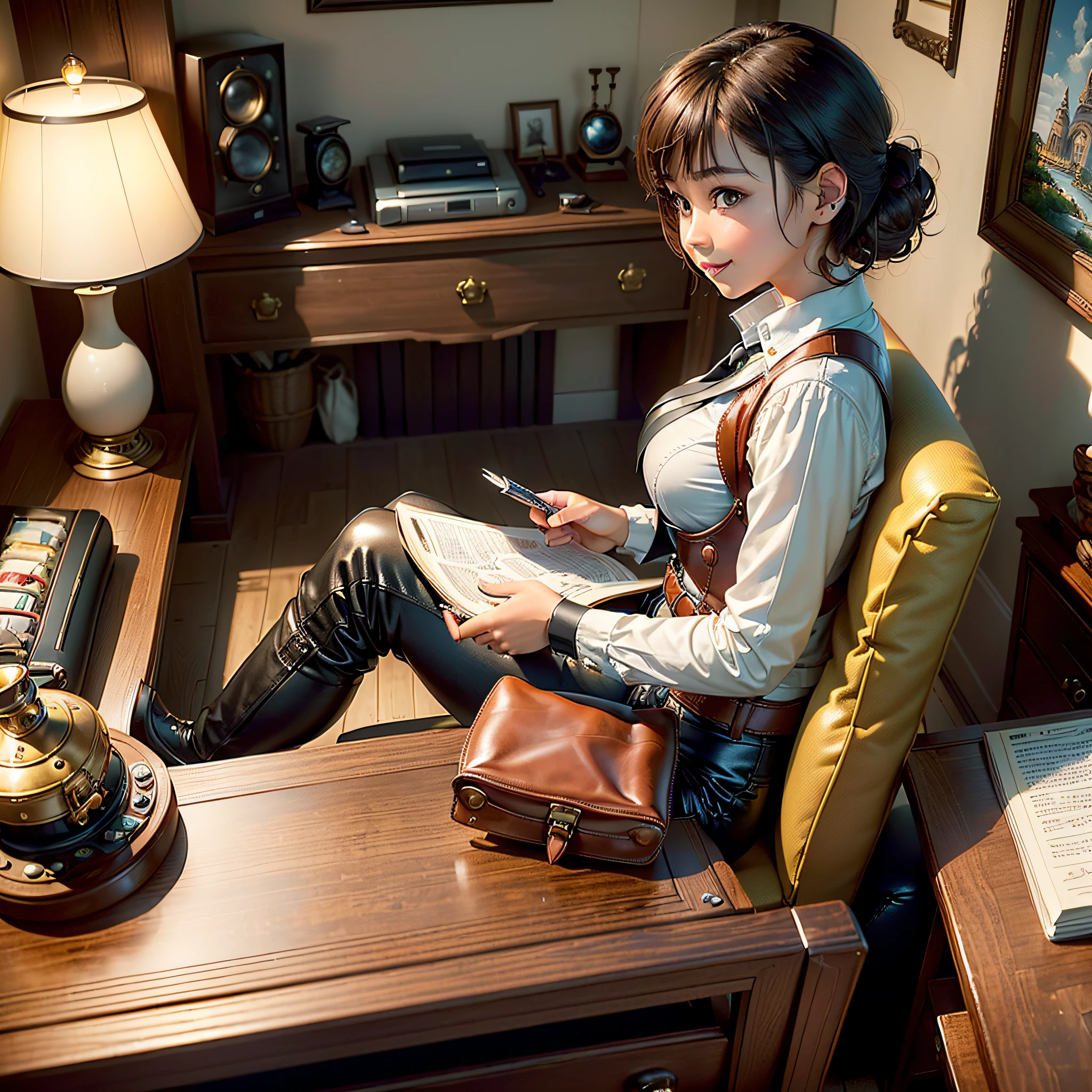 There is a woman sitting at a desk reading a book - SeaArt AI