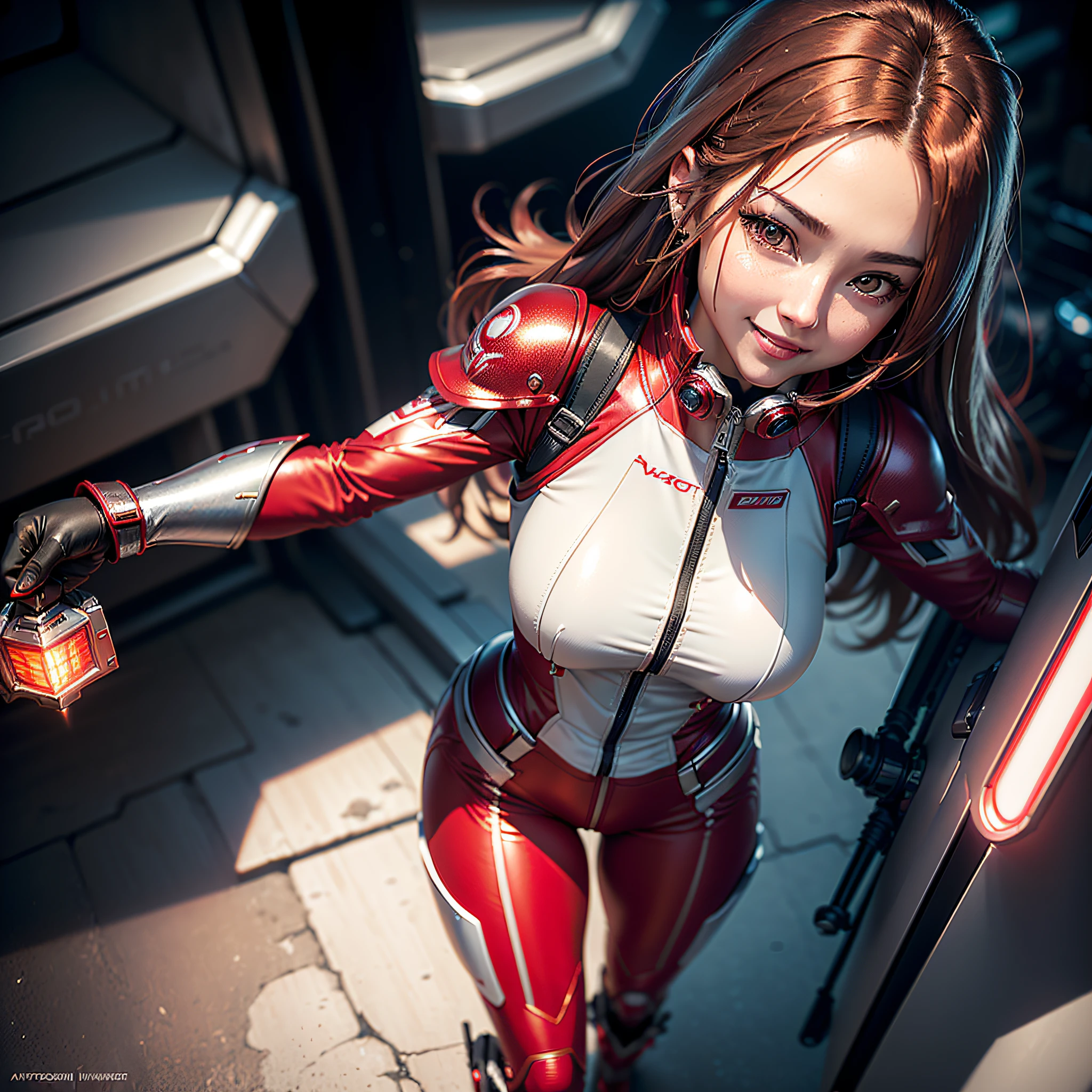 (Masterpiece, Best Quality, Best Resolution, distinct_image, Very Elaborate CG, Cinematic Lighting, Ray Tracing, Drop Shadows, Detailed Detail, (Photorealistic: 1.4), High Quality Textures, Detailed, Realistic Face Expression): (Girl Alone, Face Japan People, (Crimson Long Hair: 1.2), Small Size Breasts, Detailed Gundam cockpit with sparkly red eyes, eye-level shots, metallic red colored flight suits, tight-fitting clothes, full-body covering clothes, light smile, beauty, slim body, exoskeleton, heroine, headset, long boots, gloves, solo ride)