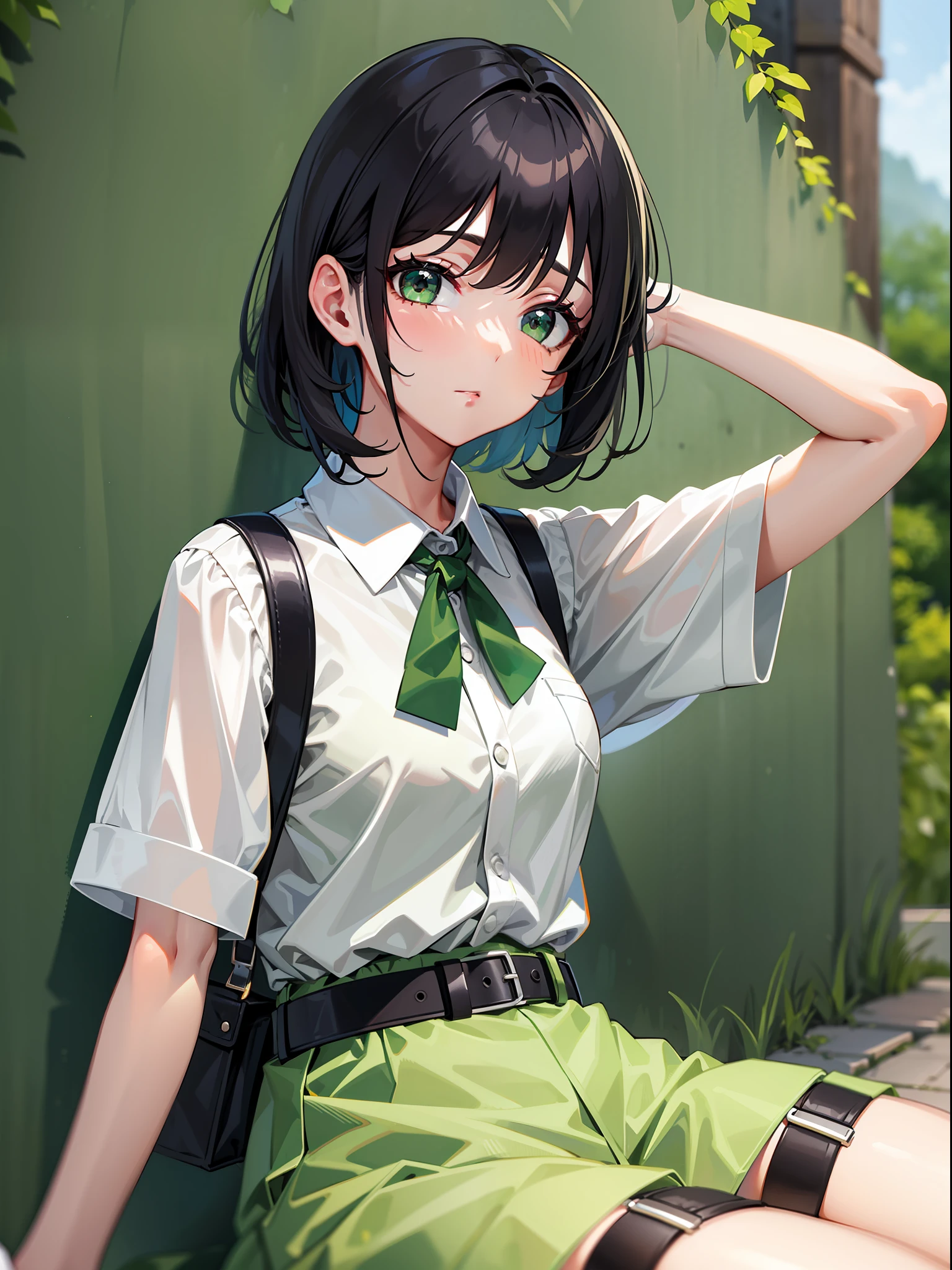 Black hair short, short green clothes with white collar sleeves, green shorts, white waist belt, white shoes, girl, outdoor