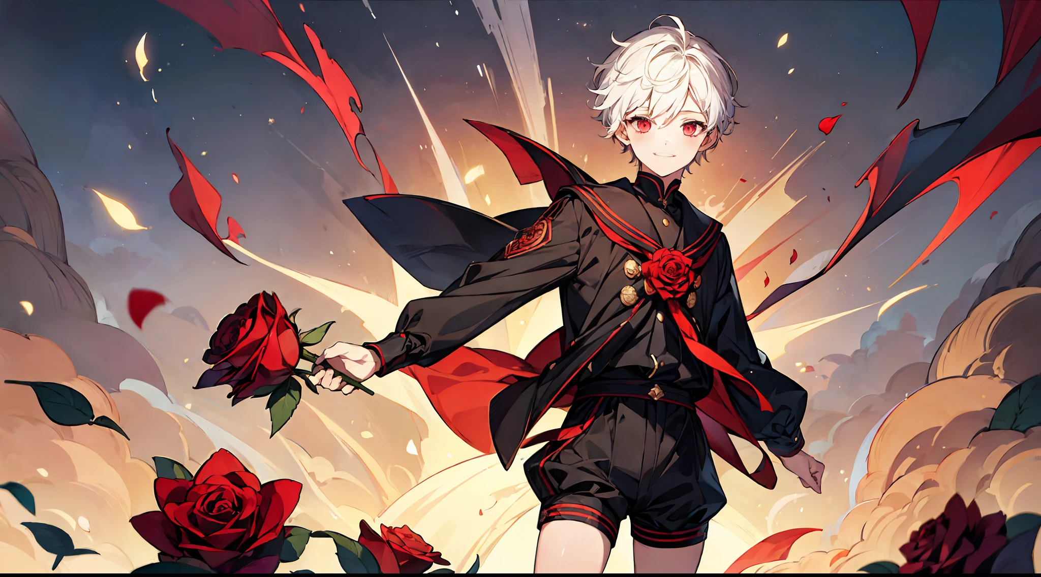 ((masterpiece)),(((best quality))), (high-quality, breathtaking),(expressive eyes, perfect face), short, young boy, short white hair, red eyes, smiling, black sailor european outfit, wear short shorts, shine, glow, red roses.