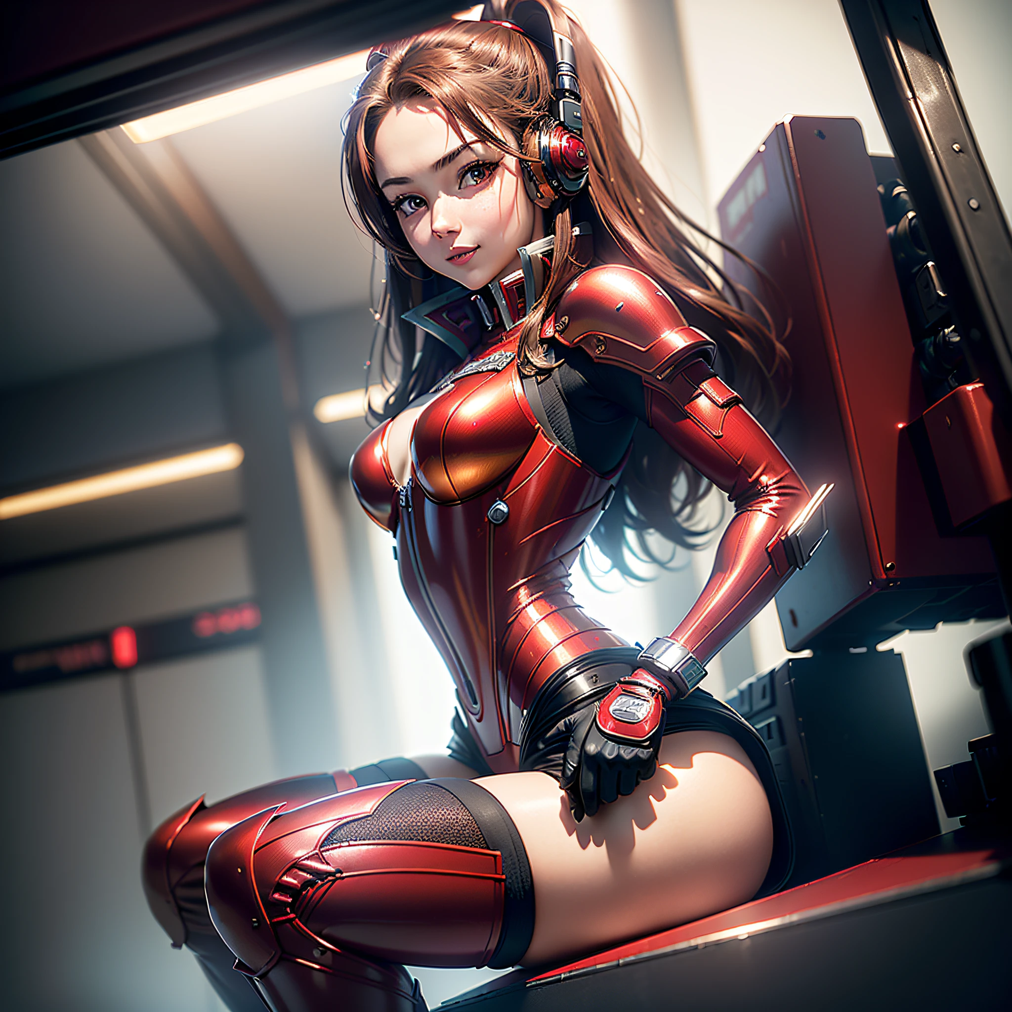 (Masterpiece, Best Quality, Best Resolution, distinct_image, Very Elaborate CG, Cinematic Lighting, Ray Tracing, Drop Shadows, Detailed Detail, (Photorealistic: 1.4), High Quality Textures, Detailed, Realistic Face Expression): (Girl Alone, Face Japan People, (Crimson Long Hair: 1.2), Small Size Breasts, Detailed Gundam cockpit with sparkly red eyes, eye-level shots, metallic red colored flight suits, tight-fitting clothes, full-body covering clothes, light smile, beauty, slim body, exoskeleton, heroine, headset, long boots, gloves, solo ride)