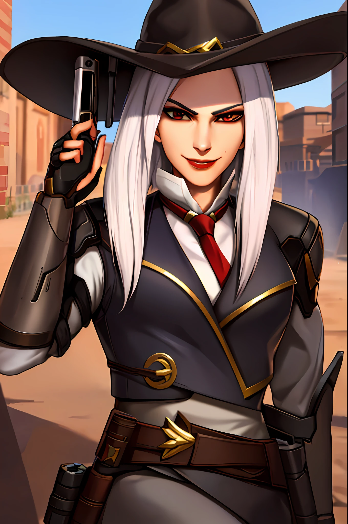 portrait, ashe, tie, sunlight, smile, arrogant facial expression holding a gun, looking at the viewer, best quality,