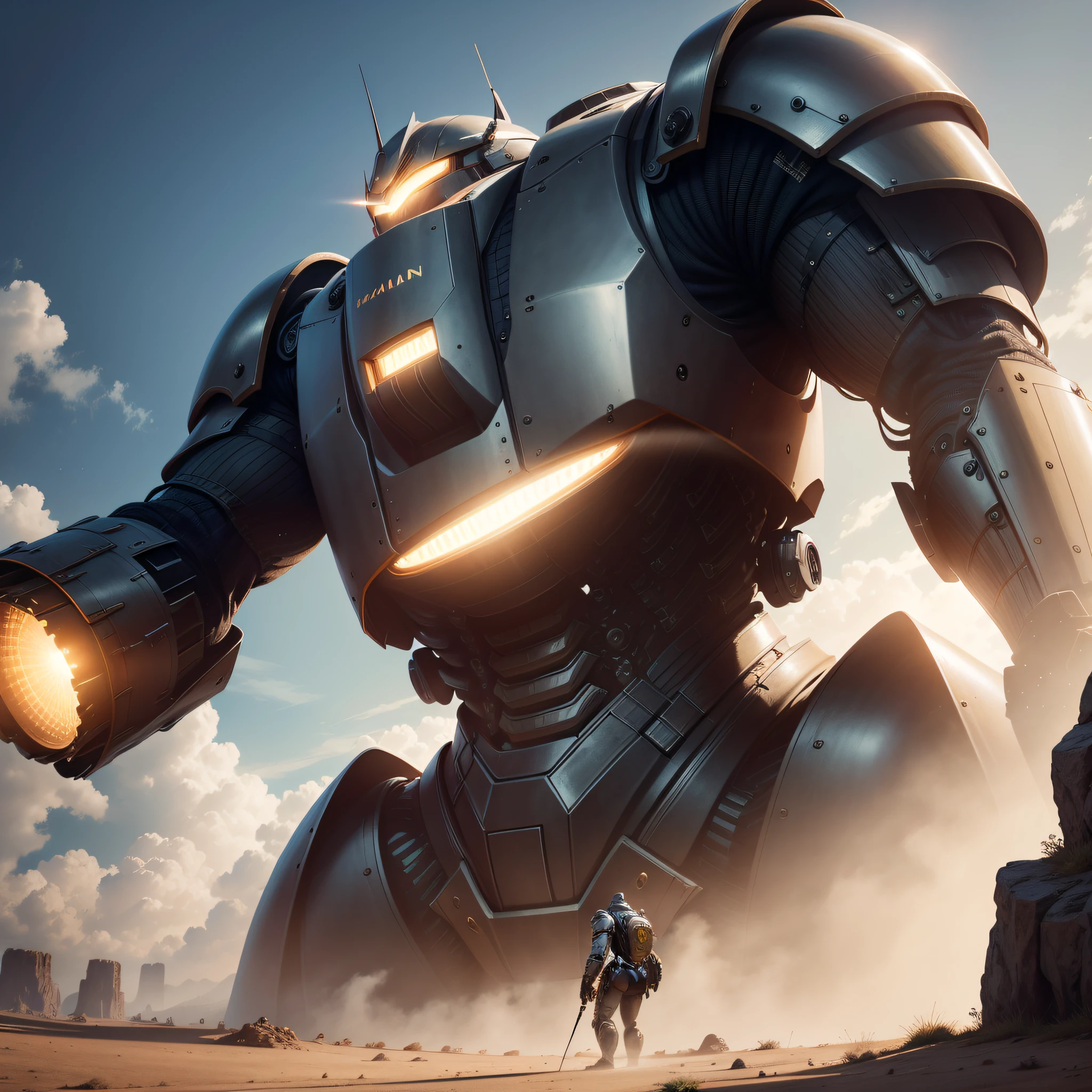 "Incredible panorama highlighted by man in armor in front of a giant robot colossal, ultra-realistic, ultra-detailed, in the best lighting and shadow, dynamic view, ultra HD (8K) viewing, incredible volumetric lighting and impressive depth of field."